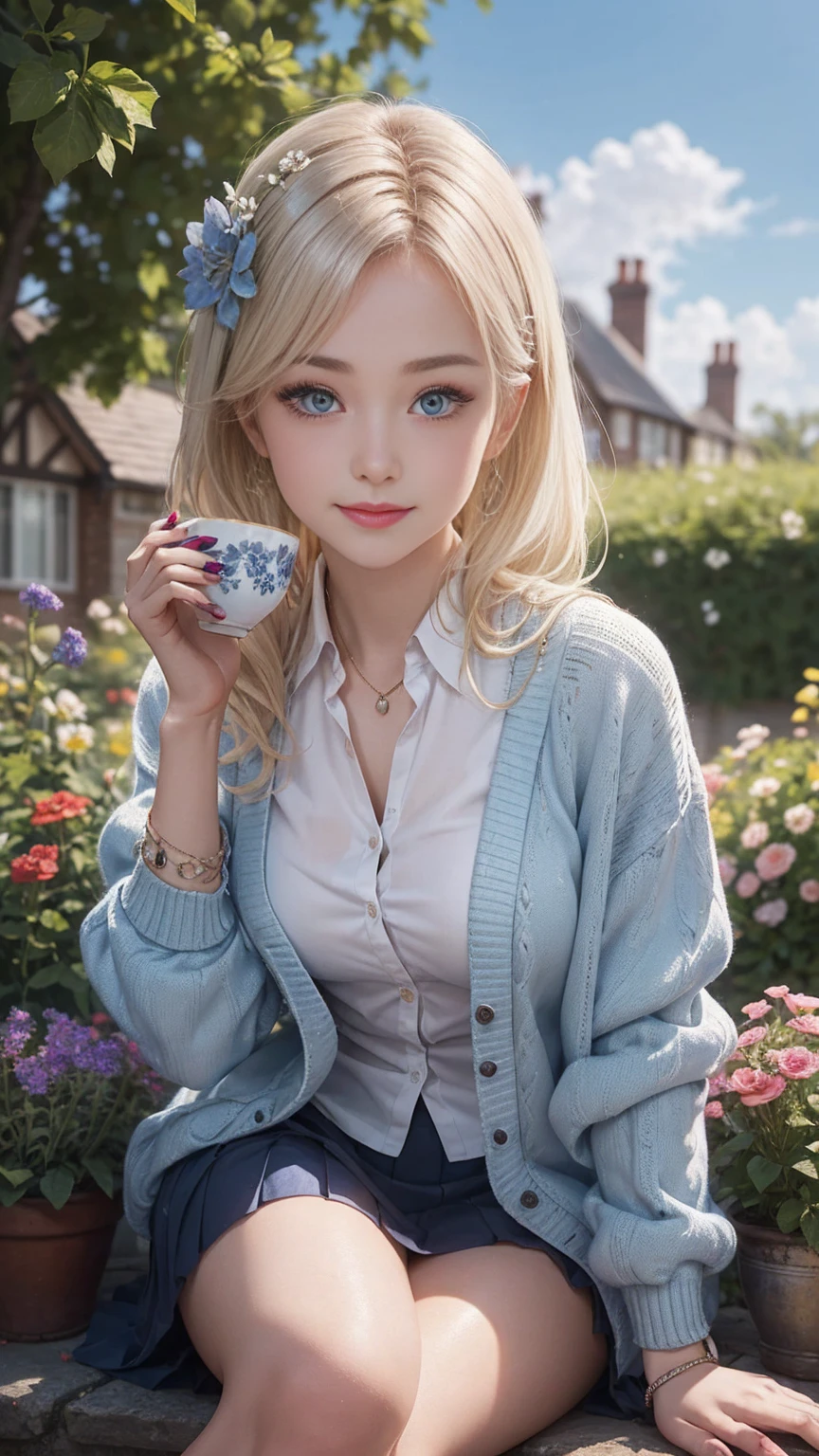 ((最high quality, 8K, masterpiece: 1.3, Ultra HD, high quality, 最high quality, High resolution, realism)) 、A 22-year-old extremely beautiful white woman、Her hair color is platinum blonde、blue eyeedium hair、straight hair、The hair is shiny、The skin is lustrous、smile、Slender but well-proportioned muscular body、Athlete-like body type、I don't want my head to disappear from the screen.、Wearing accessories on your wrist、Wearing red nail polish、I have a peticure、British suburban buildings、There is an English garden、Many flowers bloom、The blue sky is beautiful、summer sunshine、Wearing a blouse、put on a cardigan、Long length covers the ankles、Wear a pleated skirt、Drinking tea in a cup and saucer in the garden、anatomically correct、((anatomically correct))、Ultra high definition((UHD))、textured skin((textured skin))、very detailed((super detail))、high detail((high details))、hair flower((hair flower))