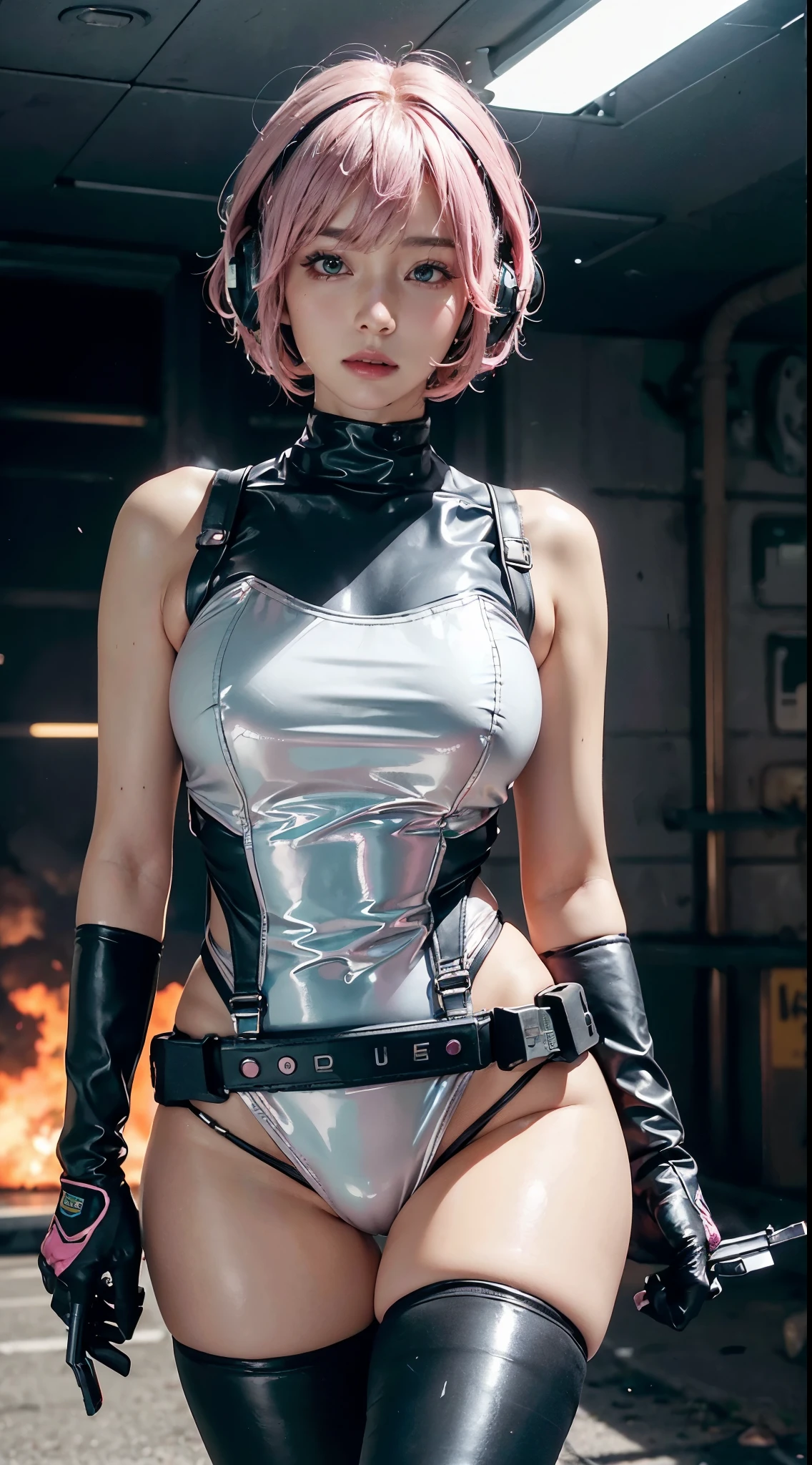 Top Quality, Ultra High Definition, (backlight), (Photorealistic: 1.4), (cowboy shot:1), 1 Beautiful Girl, (Kpop Idol), Detailed Face, (Hair Style: Pink:1, fullbang, shortbob-style:1), Contrapposto, Perfect Anatomy, Smooth Skin, Professional Lighting, ((wearing Futuristic Police Racing Suits, police wappen, High-tech Headset, military harness, racing gloves, handgun)), outside honey bob hairstyle, ("POLICE", Cloths colors based on silver pink black white), (background, crashed cars, fire, (Explosion)),