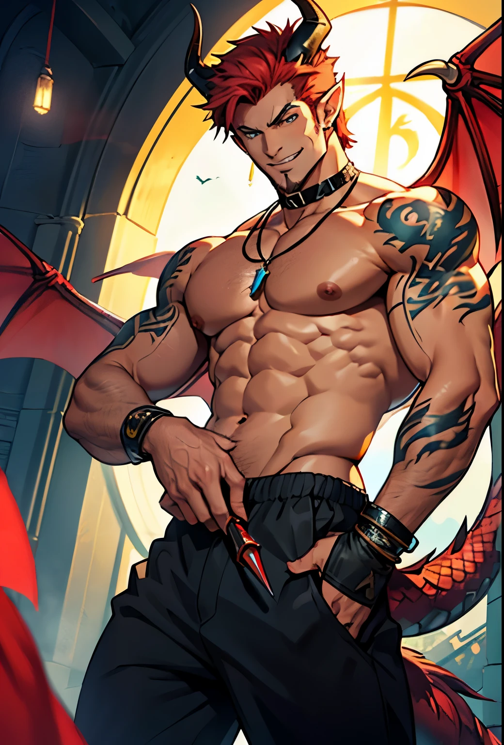 mature,kemonomimi,anime character with short red hair and dragon wings holding a scepter, demon male, handsome mature demon man, muscular male fantasy alchemist, as an anthropomorphic dragon, god of dragons, human male demon, djinn man male demon, dragon body,light stubble,dragon horn,smile,mature,short hair, thick eyebrows,male, short hair,tattoo,veins,in night
solo, looking at viewer, smile, short hair, blue eyes, 1boy, navel, jewelry, nipples, red hair, tail, male focus, wings, horns, teeth, choker, pointy ears, pants, necklace, bracelet, short hair, tattoo, muscular, black choker, black pants, piercing, abs, fair-skinned male, pectorals, muscular male, bara, large pectorals, dragon horns, topless male, dragon tail, dragon wings, dragon boy