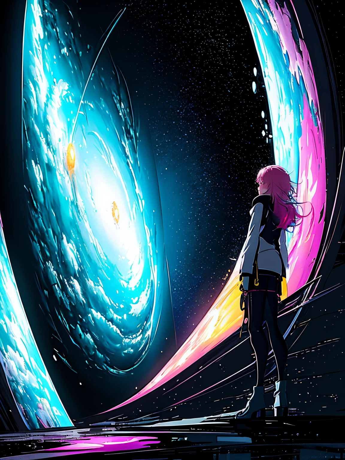 (best quality, sketch:1.2),realistic,illustrator,anime,1 girl, detailed lips,custom, gradient background,neon hair,textured cropping, masterpiece, anime, a woman standing looking at a black hole, fantasy world, trending on art station, space art, dreamy psychedelic anime, beautiful anime scene, anime epic artwork. anime, epic realism, planet landing 
