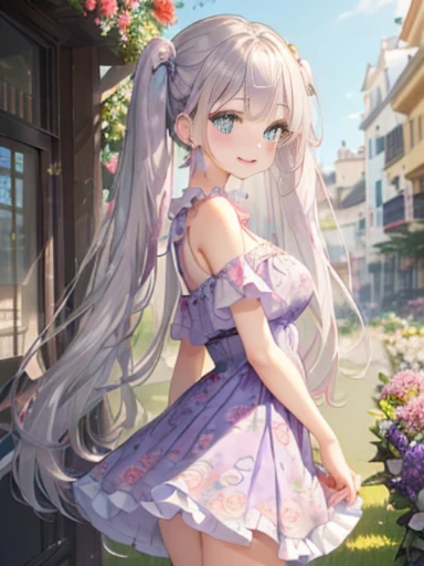 小さなgirl、The arrival of spring、big ass、 (alone:1.5,)Super detailed,bright colors, very beautiful detailed anime face and eyes, look straight, ;d, shiny_skin,girl, ((long silver hair,The inner color is red 、forehead is exposed.、green eyes、、shiny hair, delicate beautiful face, blush、(turquoise eyes), White skin, Valletta, earrings,、blue flower field、(((Pink ruffled dress with floral print、purple mini skirt)))、twin tails、smile、smile、Face dyed red