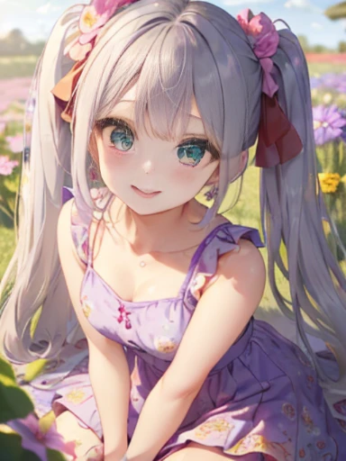 小さなgirl、The arrival of spring、big ass、 (alone:1.5,)Super detailed,bright colors, very beautiful detailed anime face and eyes, look straight, ;d, shiny_skin,girl, ((long silver hair,The inner color is red 、forehead is exposed.、green eyes、、shiny hair, delicate beautiful face, blush、(turquoise eyes), White skin, Valletta, earrings,、blue flower field、(((Pink ruffled dress with floral print、purple mini skirt)))、twin tails、smile、smile、Face dyed red