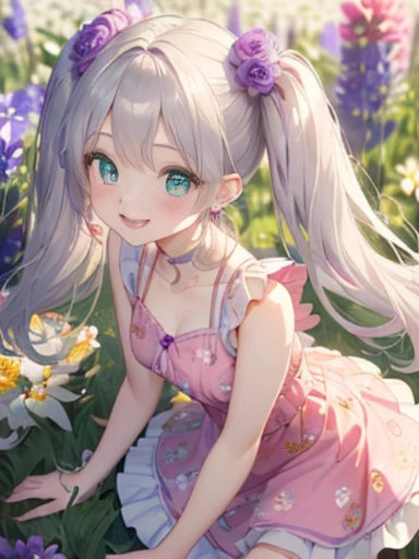 小さなgirl、The arrival of spring、big ass、 (alone:1.5,)Super detailed,bright colors, very beautiful detailed anime face and eyes, look straight, ;d, shiny_skin,girl, ((long silver hair,The inner color is red 、forehead is exposed.、green eyes、、shiny hair, delicate beautiful face, blush、(turquoise eyes), White skin, Valletta, earrings,、blue flower field、(((Pink ruffled dress with floral print、purple mini skirt)))、twin tails、smile、smile、Face dyed red