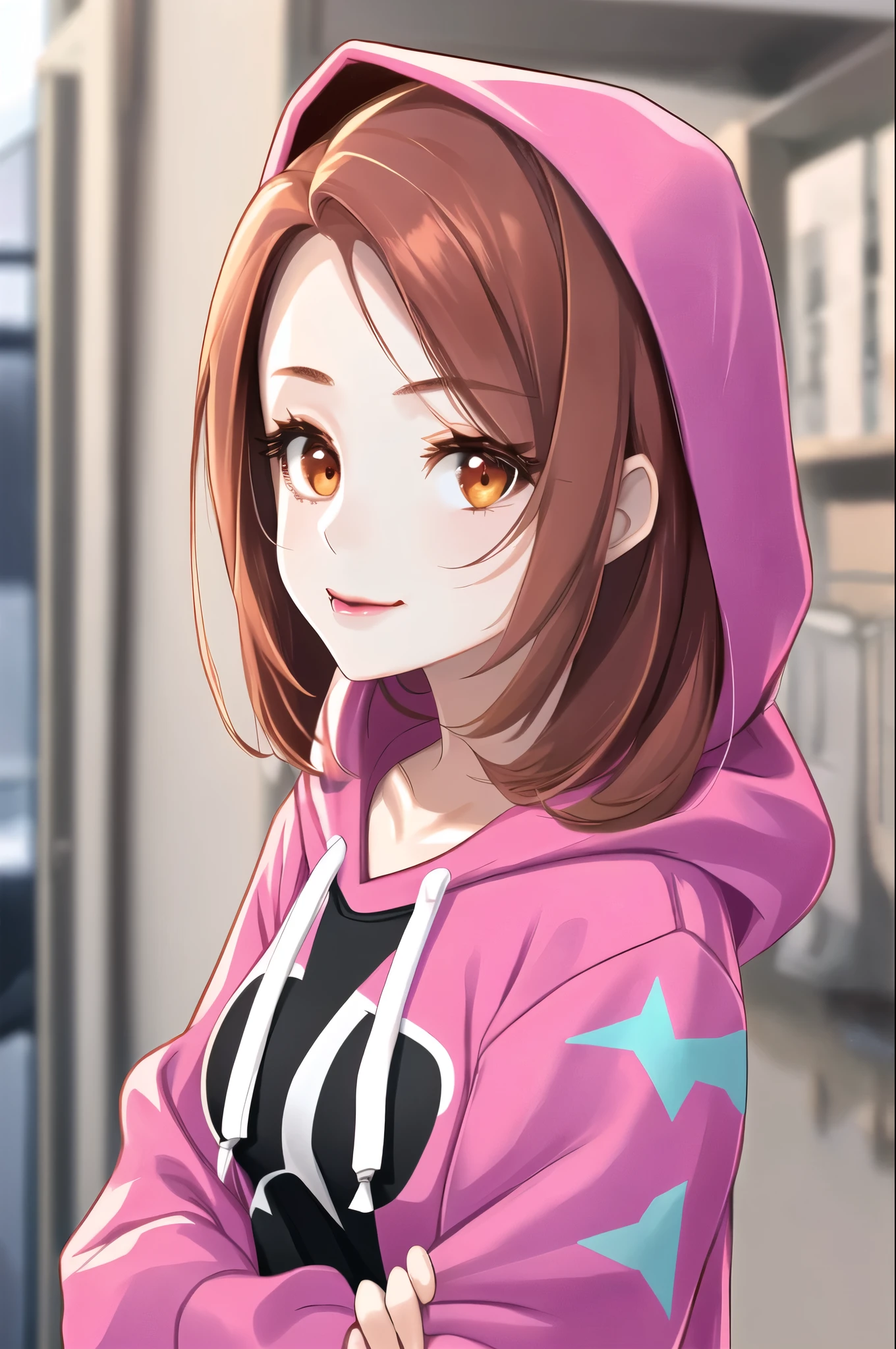 Girl, long red hair, brown eyes, sharp features, white skin, pink lip, hoodie