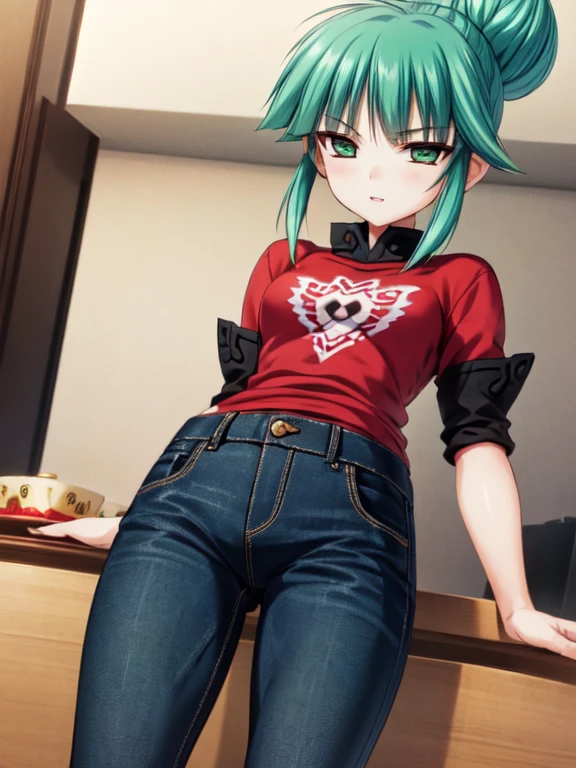 nsfw , Tsukuyomi Mana , (((highres official art))) , (((1girl))) , (((solo))) , green hair , green eyes , blush , shy , sidelocks , single hair bun , t-shirt , jeans , light smile , parted lips , leaning back