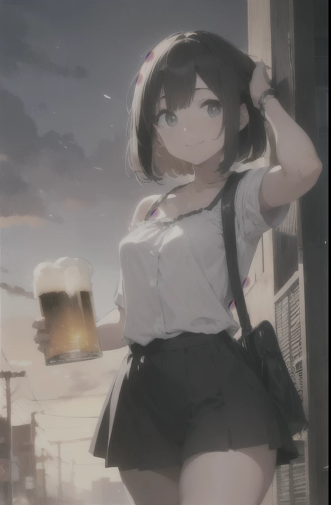 Garota branca, cabelos castanhos aloirados, short to the shoulders and with bangs, holding a large German beer, com uma camisa branca escrita "Techno-Capital" smiling showing only his head up to his shirt while the background is a futuristic city like Tokyo
