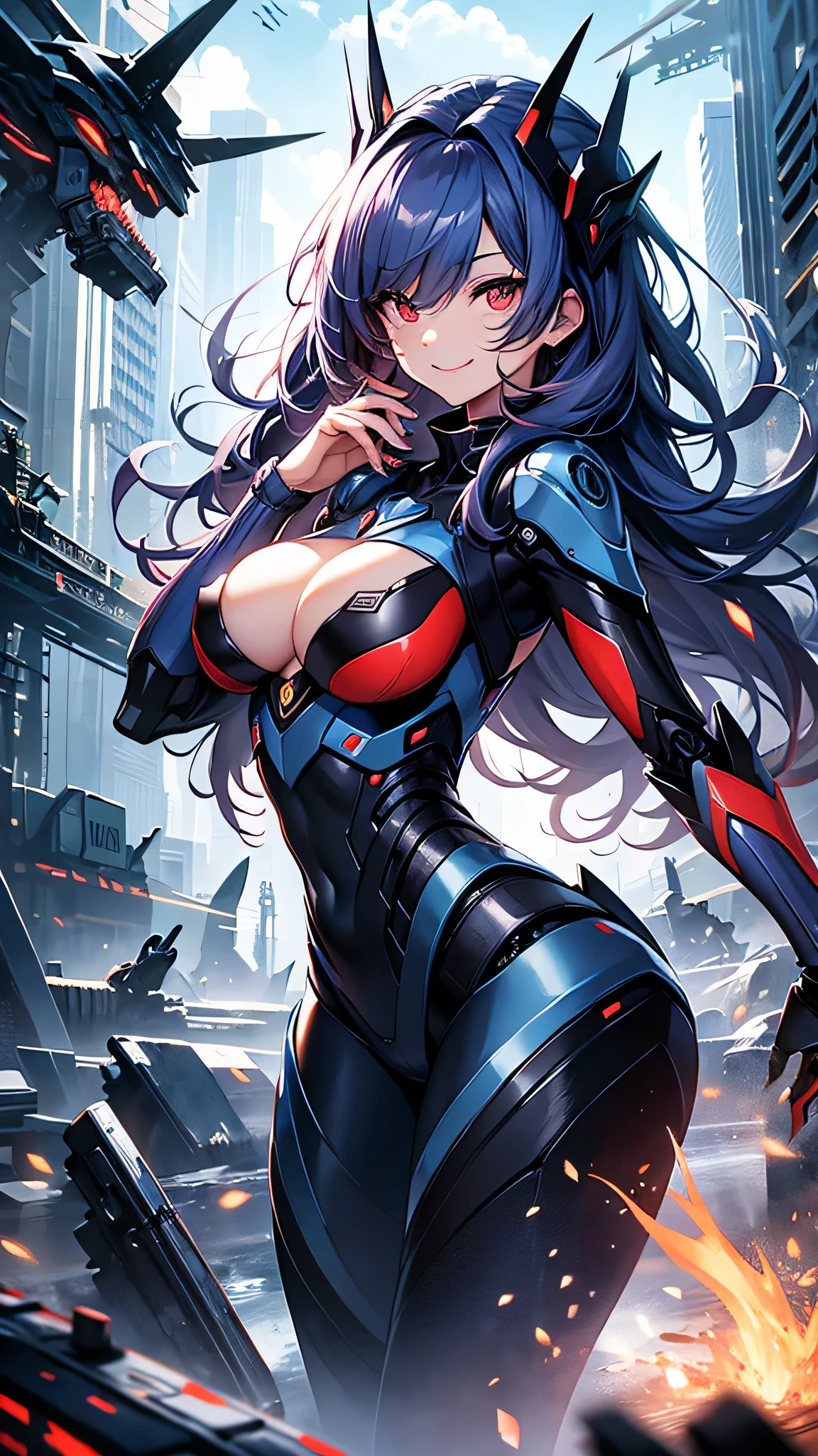 最high quality、best image quality、masterpiece、android girl((18-year-old、 By becoming、vest bust、medium bust,wide open breast tea、red glowing eyes, water hair、messy hair、long hair、thin,highest valley、Blue robot body、Shiny red body、Close ~ eyes、attack、Show the whole body、robot arm、robot feet、villain、evil smile、bad smile、laugh loudly、villain pose、Black robot wings,sharp nails、prick々New body parts、With a big sword、floating in the air、Robot Tail、turn around、emphasize the buttocks、shoot a beam)),high quality、beautiful art、background((cyber world))、Flight、debris flies、Depth of written boundary、movie、visual art、perfect art、8K,genuine、