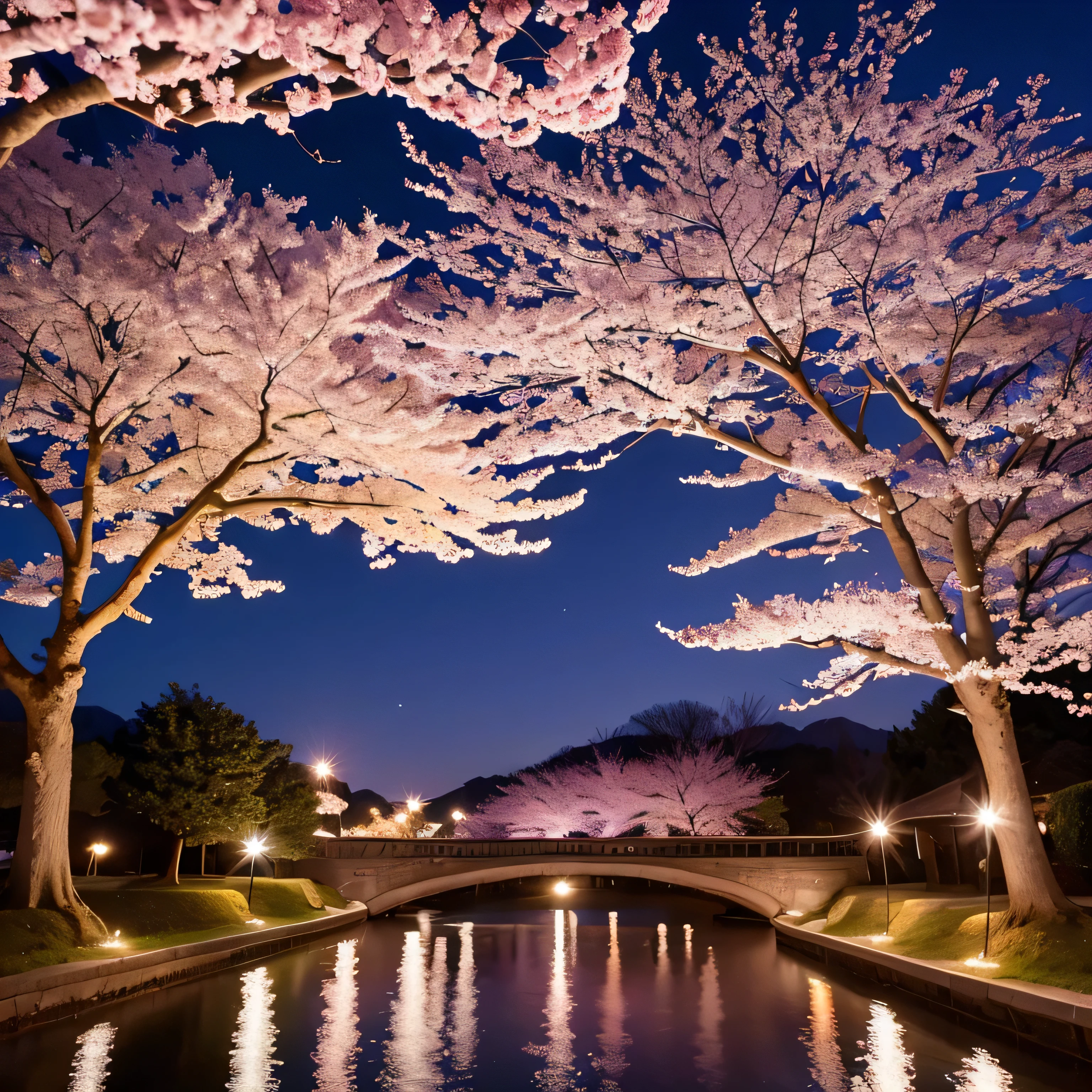 landscape/Cherry blossom trees/night/night cherry blossoms/real/8K/4K/photograph