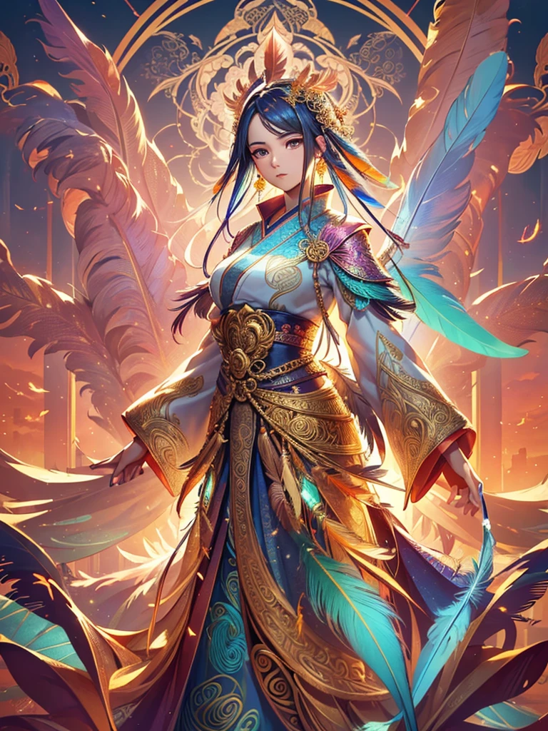 (masterpiece, Top quality, best quality, official art, Beautiful and beautiful: 1.2), (1 girl: 1.3), blue and gold, Very detailed, (fractal art: 1.1), (rich and colorful: 1.1) (flower: 1.3), Extreme details, (Zentangle: 1.4), Long dress sleeves, (abstract background: 1.3), (shiny skin), (Many colors: 1.4), (earrings), (feather: 1.5), (Wind:1.3), emerald, long hair, wrapped in light, Super detailed background, Phoenix礼服, Phoenix, 藍色的flower, Vivid eyes