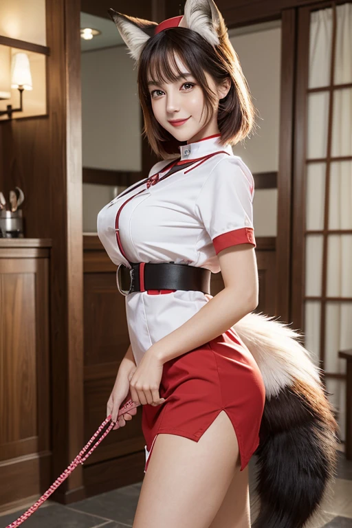 ((highest quality)), ((masterpiece)), (get used to it), perfect face, fox girl, Beautiful woman, public, A tail is growing, she has a fluffy tail, she has a fox tail, she wags her tail, smile, collar and leash, she is wearing a nurse uniform, beautiful hips,  big tail