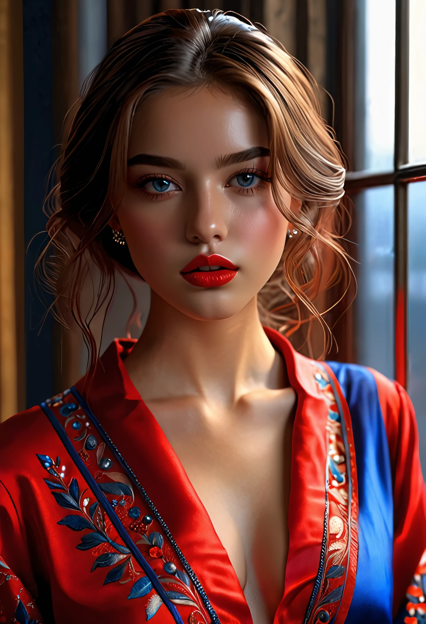 (highest quality, 4k, 8K, High resolution, masterpiece: 1.2), (Super detailed, realistic, realistic:1.37)Seductive young girl, Wearing a striking red and blue ensemble, Stand in front of the window with toughness and determination. Her mesmerizing eyes are exquisitely crafted, Capture every sparkle and depth, her lips、It boasts a detailed beauty that is captivating and enchanting.。. The level of detail is across the entire face, Each contour and feature is perfectly and meticulously rendered., Create a sense of hyperrealism that draws viewers in. 

girls&#39; clothes, It is a work of art in itself. material, Adds a touch of dynamism to her overall look. It truly reflects the artist&#39;s talent, show off your skill