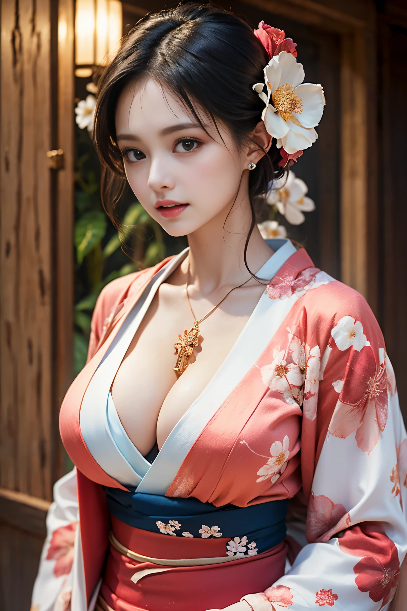 (ung beautiful girl), (8K, Raw photo, highest quality,:1.2), Highly detailed CG unified 8K dendenden wallpaper, High-definition RAW color photo, professional photography, movie light, (detailed face:1.2), (highest quality:1.2), ((cleavage:1.2)), (beautiful breasts:), (Sexy and gorgeous floral patterned kimono with a wide open chest.:1.5), bare shoulders,