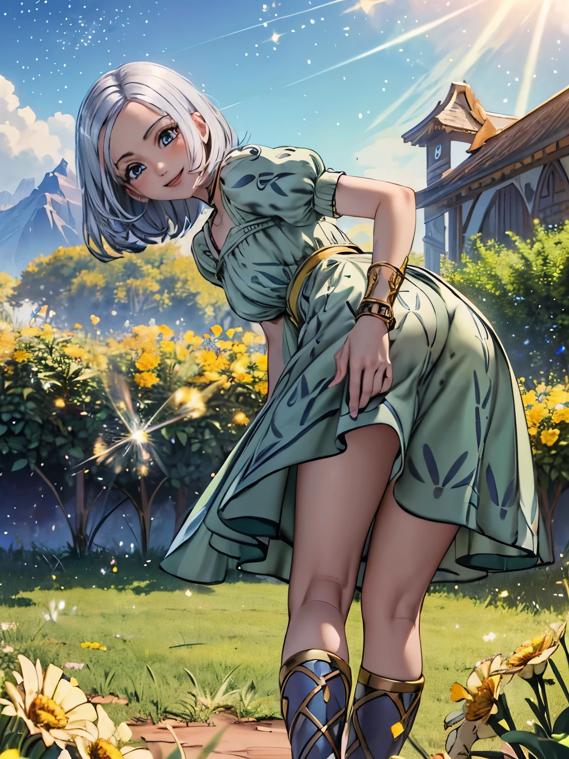 from back, cowboy shot, (ass focus, wide hips, large hips), beautiful ass, DQ10 illutia, (short hair, grey hair, blue eyes), (leaning forward:1.5), looking back, looking at viewer, (hand on ass), (smile, laugh:1.2), DQ10 costume, (green dress, long dress, short sleeves, puffy sleeves, brown footwear), impossible clothes, depth, (flat), (Dramatic Horizon), (golden flower garden), (shining flowers), (Shining Path), (light particles:1.5), outdoor, morning, (blue sky), masterpiece, high quality, best quality, beautiful, hd, perfect lighting, detailed face, detailed body, masterpiece, best quality, intricate details, 8k uhd, perfect face, perfect eyes