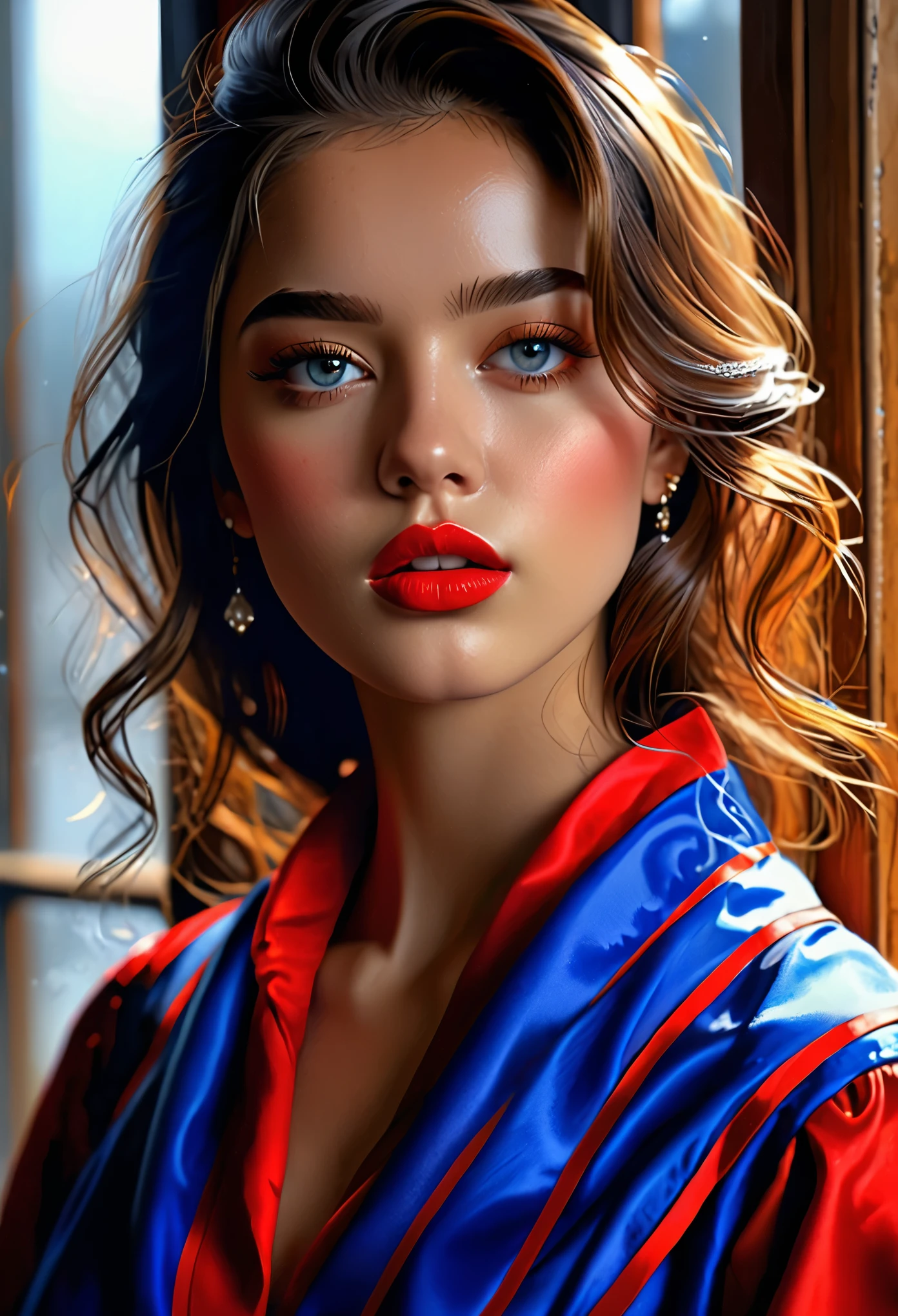 (highest quality, 4k, 8K, High resolution, masterpiece: 1.2), (Super detailed, realistic, realistic:1.37)Seductive young girl, Wearing a striking red and blue ensemble, Stand in front of the window with toughness and determination. Her mesmerizing eyes are exquisitely crafted, Capture every sparkle and depth, her lips、It boasts a detailed beauty that is captivating and enchanting.。. The level of detail is across the entire face, Each contour and feature is perfectly and meticulously rendered., Create a sense of hyperrealism that draws viewers in. 

girls&#39; clothes, Reminiscent of oil painting art, It is a work of art in itself. material, Skillfully expressed with vivid brush strokes, Adds a touch of dynamism to her overall look. It truly reflects the artist&#39;s talent, show off your skill