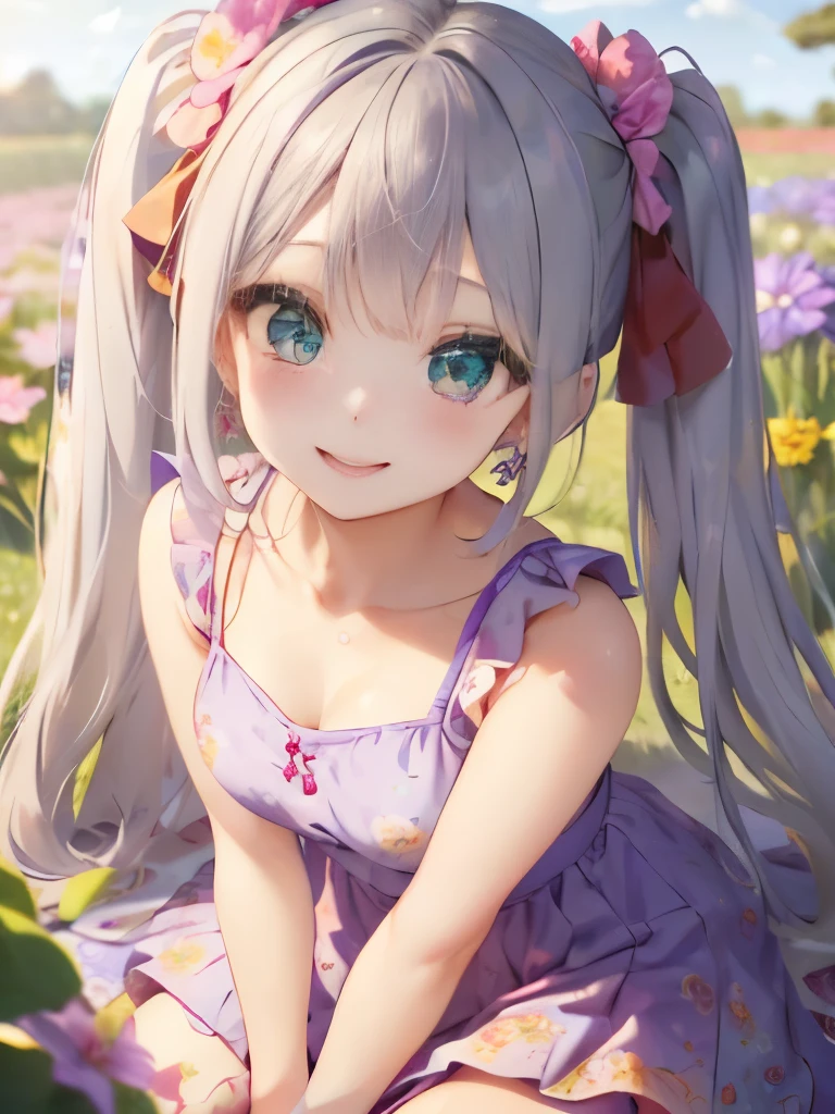 小さなgirl、The arrival of spring、big ass、 (alone:1.5,)Super detailed,bright colors, very beautiful detailed anime face and eyes, look straight, ;d, shiny_skin,girl, ((long silver hair,The inner color is red 、forehead is exposed.、green eyes、、shiny hair, delicate beautiful face, blush、(turquoise eyes), White skin, Valletta, earrings,、blue flower field、(((Pink ruffled dress with floral print、purple mini skirt)))、twin tails、smile、smile、Face dyed red