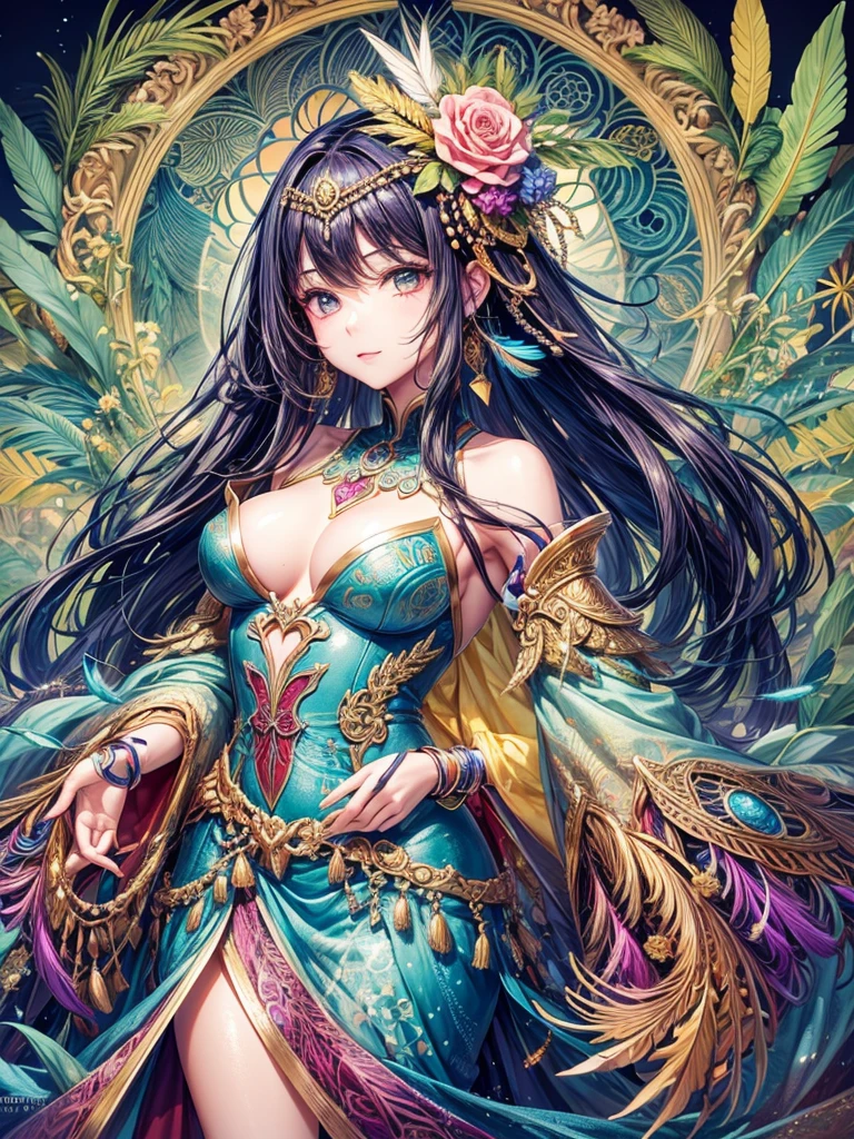 (masterpiece, Top quality, best quality, official art, Beautiful and beautiful: 1.2), (1 girl: 1.3), blue and gold, Very detailed, (fractal art: 1.1), (rich and colorful: 1.1) (flower: 1.3), Extreme details, (Zentangle: 1.4), Long dress sleeves, (abstract background: 1.3), (shiny skin), (Many colors: 1.4), (earrings), (feather: 1.5), (Wind:1.3), emerald, long hair, wrapped in light, Super detailed background, Phoenix礼服, Phoenix, 藍色的flower, Vivid eyes