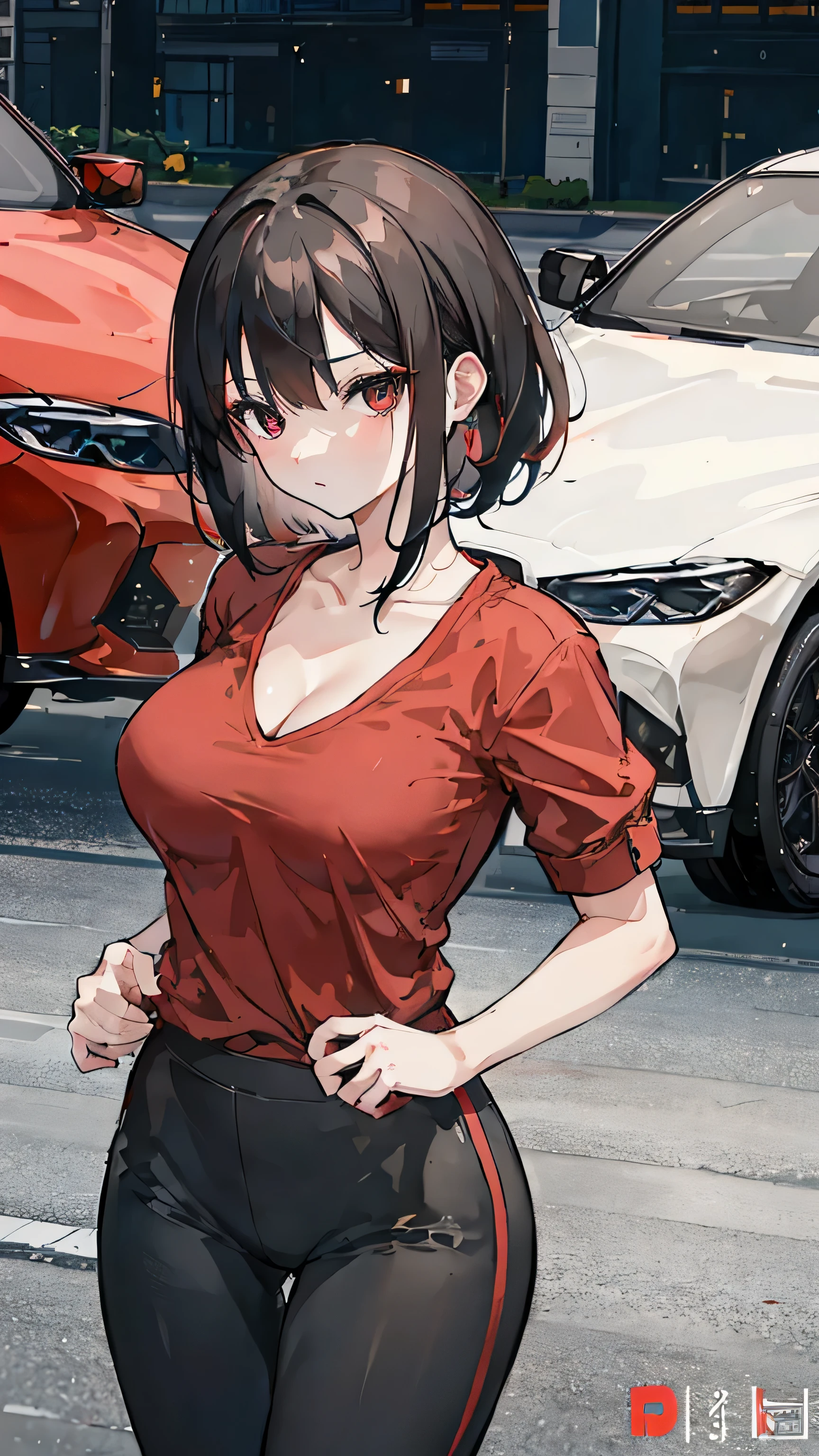 1girl, medium length black hair, red eyes, wearing colorfulshirt, cleavage, large breasted, black leggings, city, absurdres, high res, ultrasharp, 8K, masterpiece, looking at viewer, 1 car, BMW, leaning on car, night time