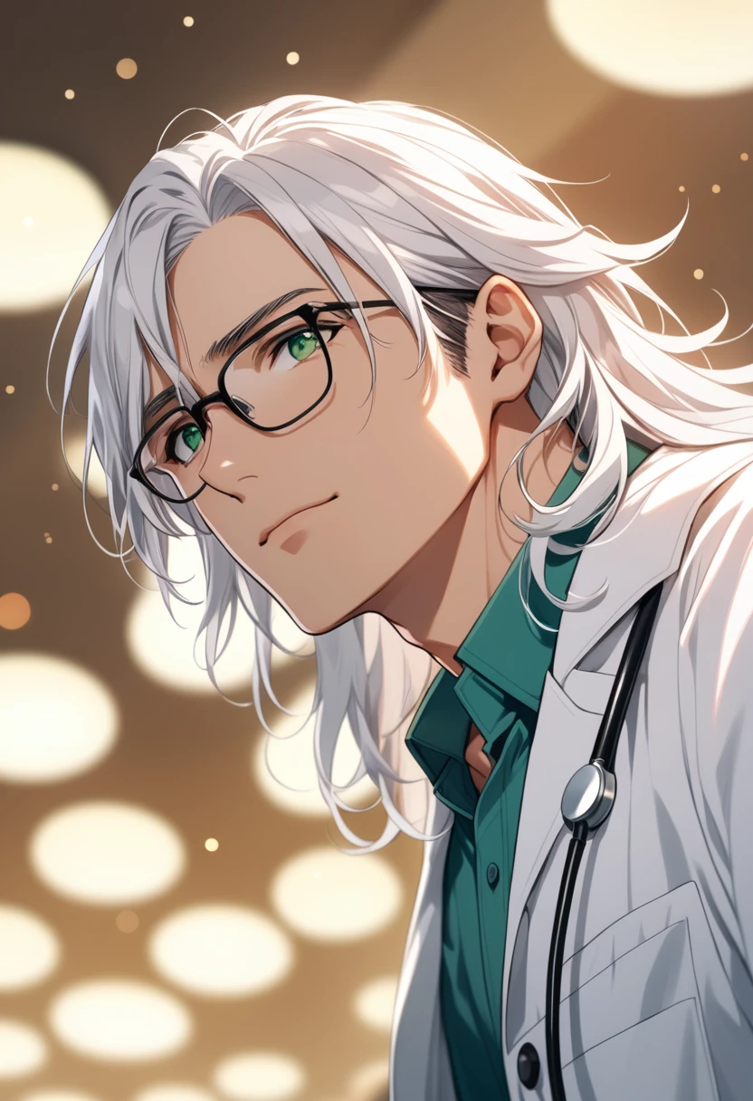 (masterpiece, best quality:1.2), (1boy), solo, 8k, white hair, ((long hair)), glasses, handsome male, very detailed, tall, doctor, anime style, at a hospital, white coat, blushing, beautiful green eyes, dynamic perspective, sharp focus, extremely detailed eyes and face, (depth of field, bokeh:1.3), bangs, from underneath, no focus