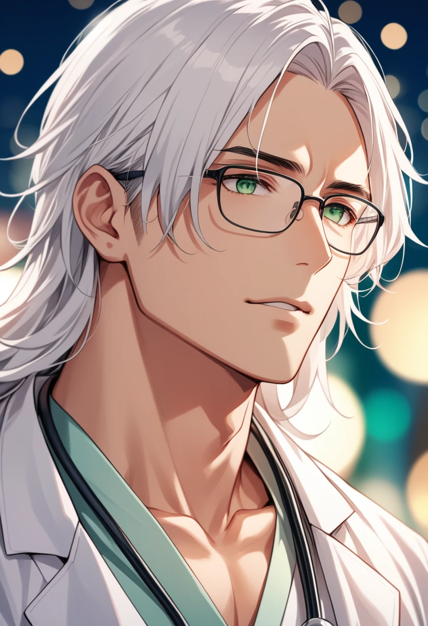 (masterpiece, best quality:1.2), (1boy), solo, 8k, white hair, ((long hair)), glasses, handsome male, very detailed, tall, doctor, anime style, at a hospital, white coat, blushing, beautiful green eyes, dynamic perspective, sharp focus, extremely detailed eyes and face, (depth of field, bokeh:1.3), bangs, from underneath, no focus