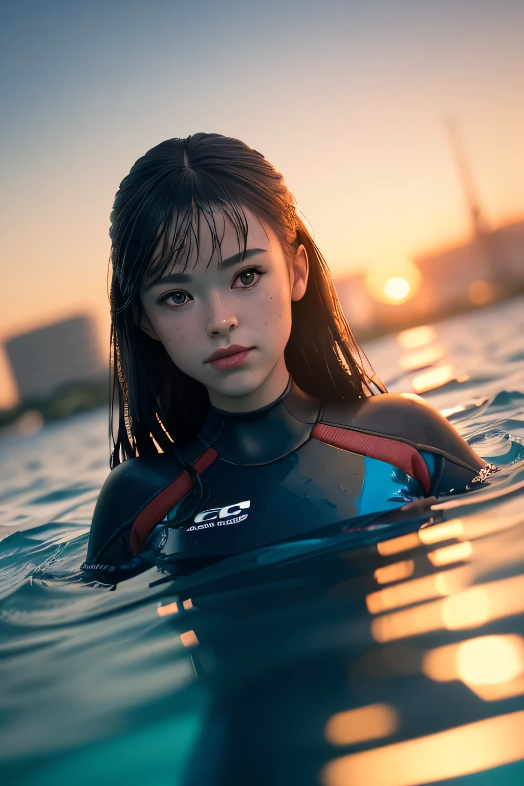 (masterpiece), (very complicated:1.3), (realistic), girl portrait, lying on her back floating on the surface of the water, (dynamic perspective), the most beautiful in the world, (swimming wetsuit), sateen reflection, outdoor, intense sunlight, distant factory group, Stunning female professional photo details, sharp focus, dramatic, Award history, cinematic lighting, Octane Rendering Unreal Engine, volumetrics dtx, (film grain, blurred background, blurred foreground, Bokeh, Depth of the bounds written, sunset, motion blur:1.3)