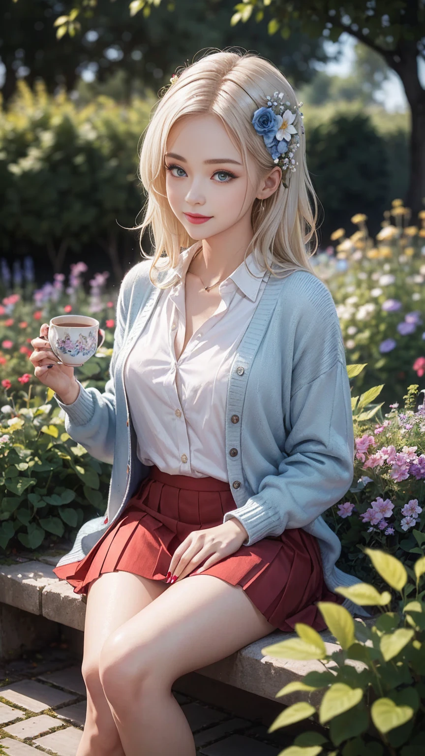 ((最high quality, 8K, masterpiece: 1.3, Ultra HD, high quality, 最high quality, High resolution, realism)) 、A 22-year-old extremely beautiful white woman、Her hair color is platinum blonde、blue eyeedium hair、straight hair、The hair is shiny、The skin is lustrous、smile、Slender but well-proportioned muscular body、Athlete-like body type、I don't want my head to disappear from the screen.、Wearing accessories on your wrist、Wearing red nail polish、I have a peticure、British suburban buildings、There is an English garden、Many flowers bloom、The blue sky is beautiful、summer sunshine、Wearing a blouse、put on a cardigan、Long length covers the ankles、Wear a pleated skirt、Drinking tea in a cup and saucer in the garden、anatomically correct、((anatomically correct))、Ultra high definition((UHD))、textured skin((textured skin))、very detailed((super detail))、high detail((high details))、hair flower((hair flower))