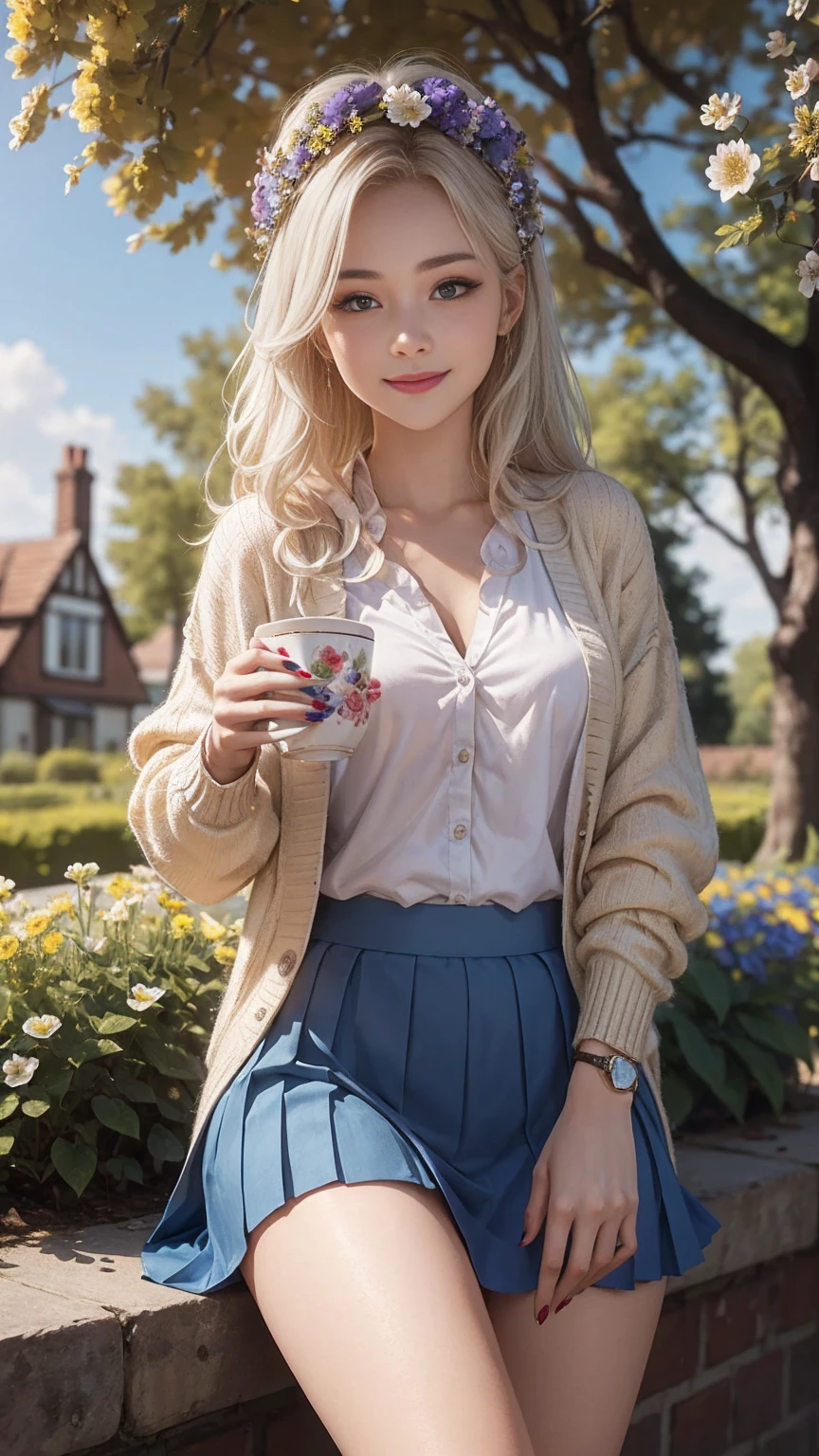 ((最high quality, 8K, masterpiece: 1.3, Ultra HD, high quality, 最high quality, High resolution, realism)) 、A 22-year-old extremely beautiful white woman、Her hair color is platinum blonde、blue eyeedium hair、straight hair、The hair is shiny、The skin is lustrous、smile、Slender but well-proportioned muscular body、Athlete-like body type、I don't want my head to disappear from the screen.、Wearing accessories on your wrist、Wearing red nail polish、I have a peticure、British suburban buildings、There is an English garden、Many flowers bloom、The blue sky is beautiful、summer sunshine、Wearing a blouse、put on a cardigan、Long length covers the ankles、Wear a pleated skirt、Drinking tea in a cup and saucer in the garden、anatomically correct、((anatomically correct))、Ultra high definition((UHD))、textured skin((textured skin))、very detailed((super detail))、high detail((high details))、hair flower((hair flower))