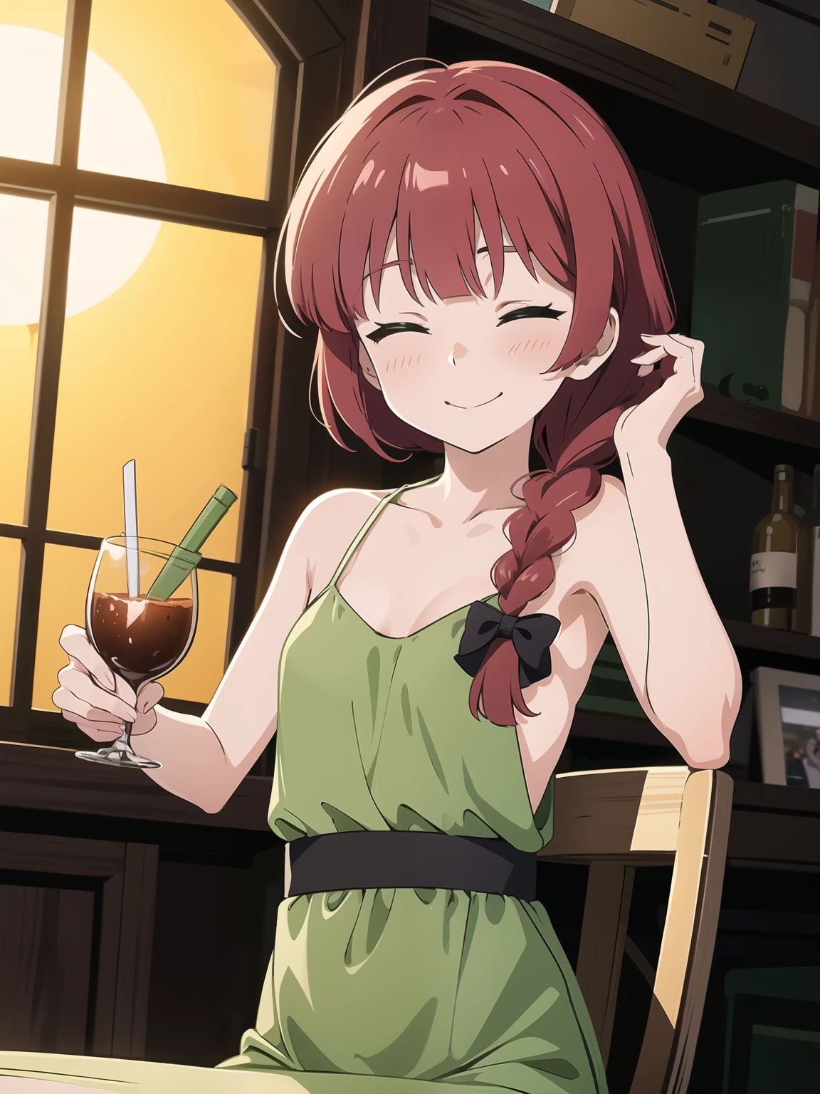 { masterpiece : best quality : high resolution : unity 8k wallpaper : illustration } { Background = night bar } { Hiroi Kikuri : red hair : single braided hair : perfect slender body : perfectly small shape breast : green gown : closed eyes : drunk : sitting at a booth : hyper drunk expression }