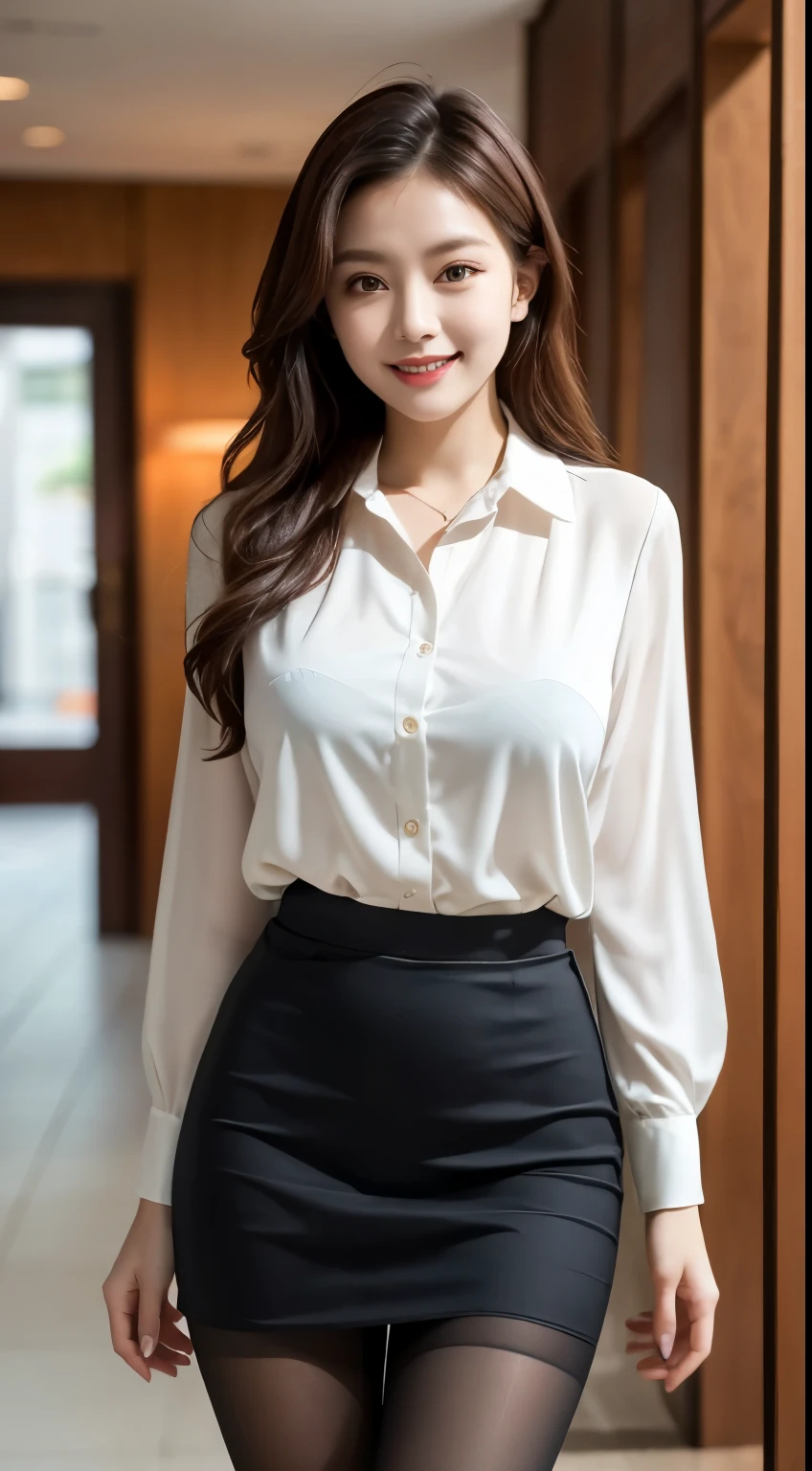 ulzzang-6500-v1.1, (Raw photo:1.2), (Photoreal), beautiful detailed girl, (genuine: 1.4), A bewitching beautiful mature elite secretary wearing a luxurious silk blouse.、40 years、height　154cm、well-proportioned body shape、hourglass illustration、skirt and thighs、when walking down the hallway、business services, (wearing pantyhose,realistic pantyhose)、work in the office、wearing a satin blouse, ultra-thin fabric、Smooth、see-through fabric、girl wearing luxury high heels, wearing an elegant blouse, Wearing an ultra-thin blouse, business woman, blouse and skirt, Wearing a silk blouse, Please wear a shirt and skirt, japanese goddess、huge file size, High resolution, very detailed, highest quality, [masterpiece:1.6], enlightenment, very detailed, nffsw, finely, highest quality, 8k wallpaper, movie lighting, perfect body shape, cute droopy eyes beautiful big eyes、peck your finger, ((muste piece)), highest quality, eye shadow, ((full body shot:1.2))、(very affectionate smile:1.2)、realistic skin texture、shiny skin、exposed thighs!!!, Asian age,
