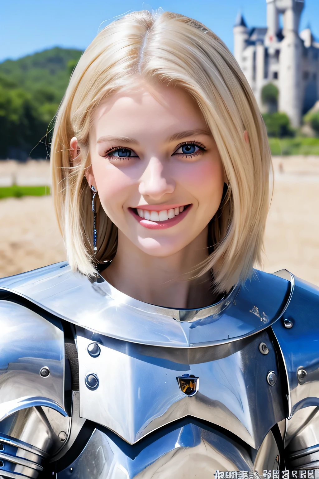 ８Ｋ、highest quality、female knight、The background is a castle、Luxurious Silver Armor、heavy equipment、hairstyle short cut、smile、beautiful teeth、full body photo、ear piercing、blonde、white woman、blue eyes、

