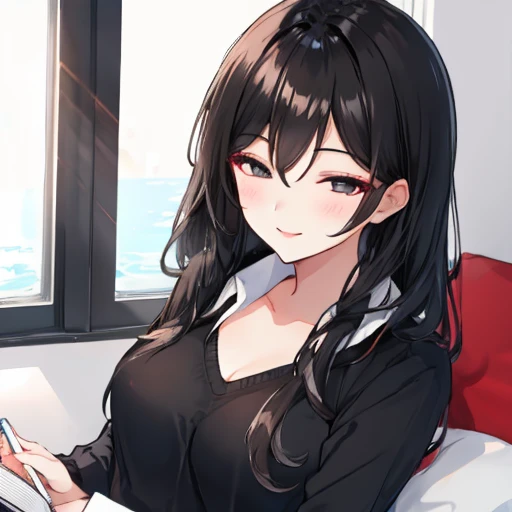 Girl, straight hair, black hair, face close-up, smiling, black eyes, half-closed eyes, seductive, face focus, pencil, book, cheeky
