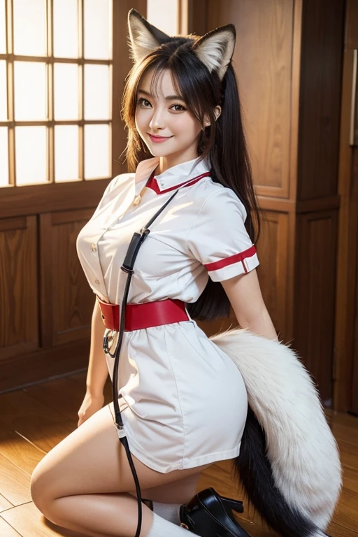 ((highest quality)), ((masterpiece)), (get used to it), perfect face, fox girl, Beautiful woman, public, A tail is growing, she has a fluffy tail, she has a fox tail, she wags her tail, smile, collar and leash, she is wearing a nurse uniform, beautiful hips, big tail
