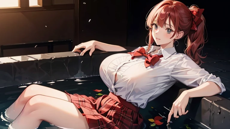 school girl Soak in water , red knot , red bow , white Shirt , big tits , Big breasts , skirt dark red , plaid skirt , pleated skirt
