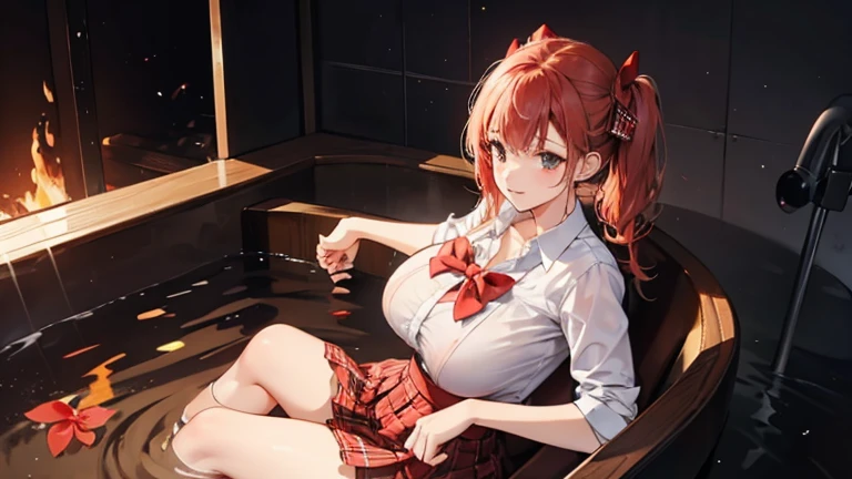 school girl Soak in water , red knot , red bow , white Shirt , big tits , Big breasts , skirt dark red , plaid skirt , pleated skirt