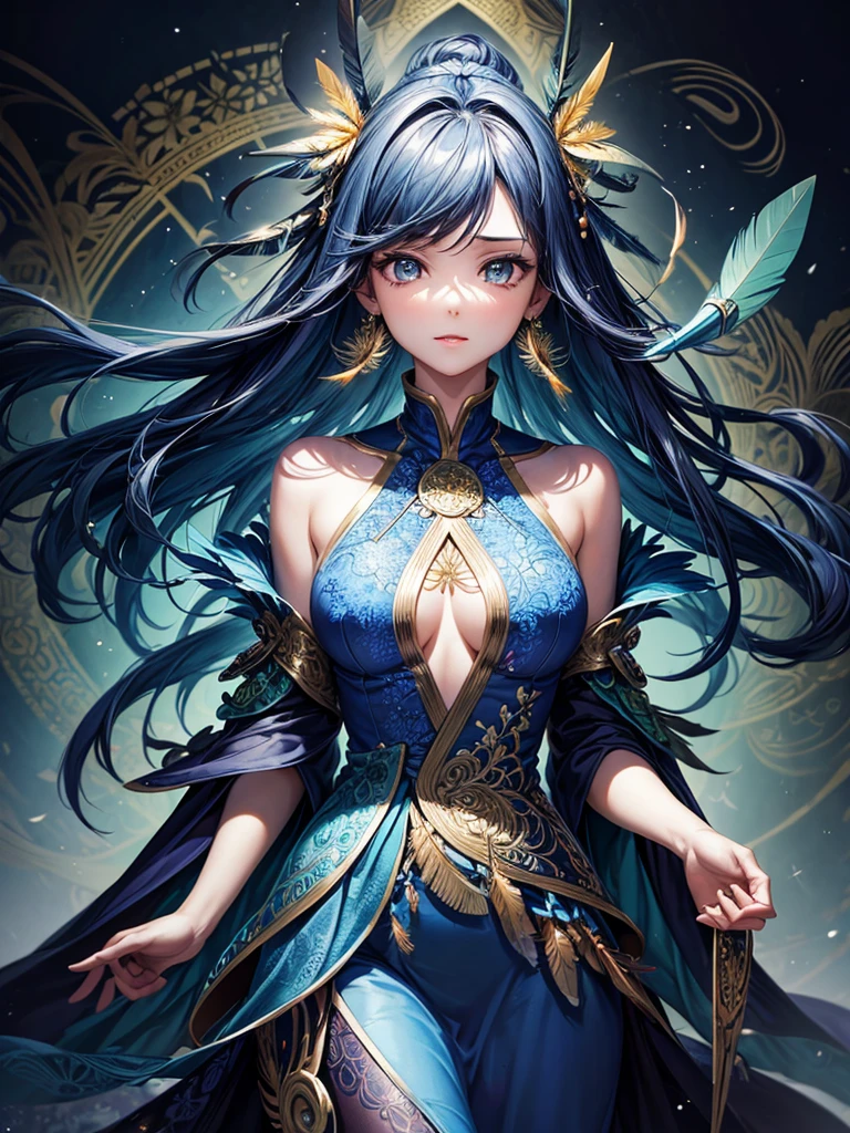 (masterpiece, Top quality, best quality, official art, Beautiful and beautiful: 1.2), (1 girl: 1.3), blue and gold, Very detailed, (fractal art: 1.1), (rich and colorful: 1.1) (flower: 1.3), Extreme details, (Zentangle: 1.4), Long dress sleeves, (abstract background: 1.3), (shiny skin), (Many colors: 1.4), (earrings), (feather: 1.5), (Wind:1.3), emerald, long hair, wrapped in light, Super detailed background, Phoenix礼服, Phoenix, 藍色的flower, Vivid eyes
