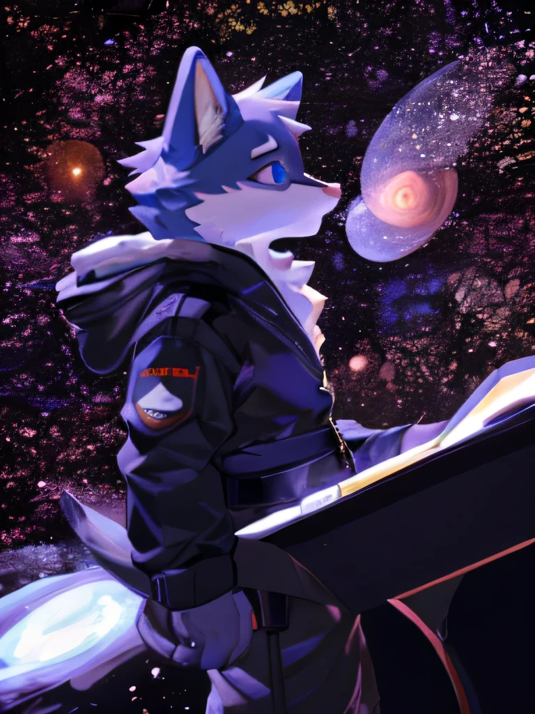 Furry, blue cat, long dark gray sweatshirt, dark brown shorts, blue eyes, white detail on the mouth, bulge, showing paws, outer space scene with stars and planets.