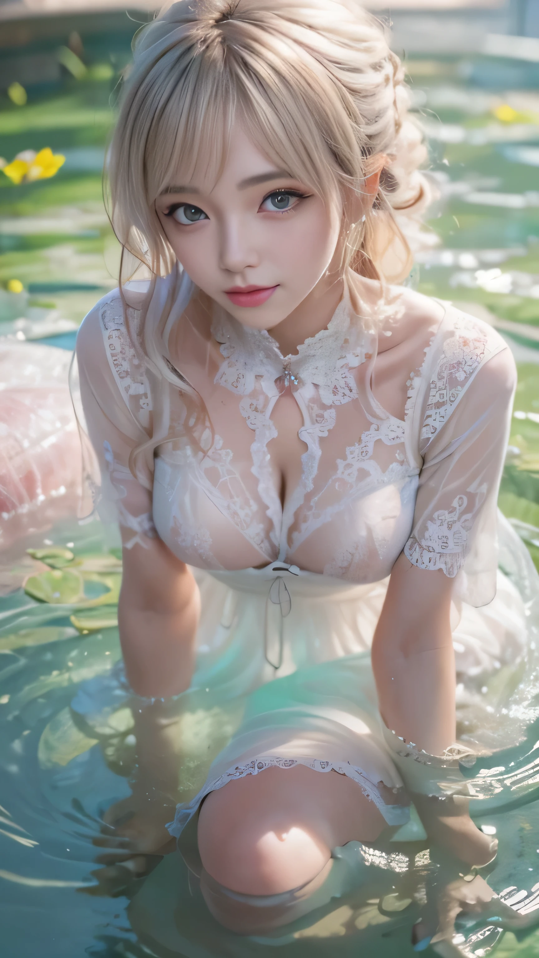 ((Beautiful woman lying in many's pond))、((Translucent white lace long dress))、1 girl, striped hair, blonde hair, one side up, shiny hair, wet hair, long hair, many, Depth of the bounds written, spark of light, letterbox, one person's perspective, Lens flare, f/1.8, 135mm, canon, wide angle, nffsw, retina, table top, anatomically correct, rough skin, Super detailed, advanced details, high quality, 最high quality, High resolution, 1080p, hard disk、enchanting smile, shine, surrealism, modern.(well-shaped chest,)、((sexy pose)))、(camel toe)、very beautiful breasts、grab your chest with both hands、 spread your legs、sexual excitement、sexual expression、shiny skin。realistic、Photoreal:1.37)、(K-POPアイドル)、medium hair、(pink blush)、(illuminate)、(alone)、dynamic pose、((nipple))、(puffy eyes:1.2)、 (slim legs)、erotic、nffsw、very detailed ambient occlusion、超A high resolution, Super realistic, very detailed, ((she is soaking wet)).