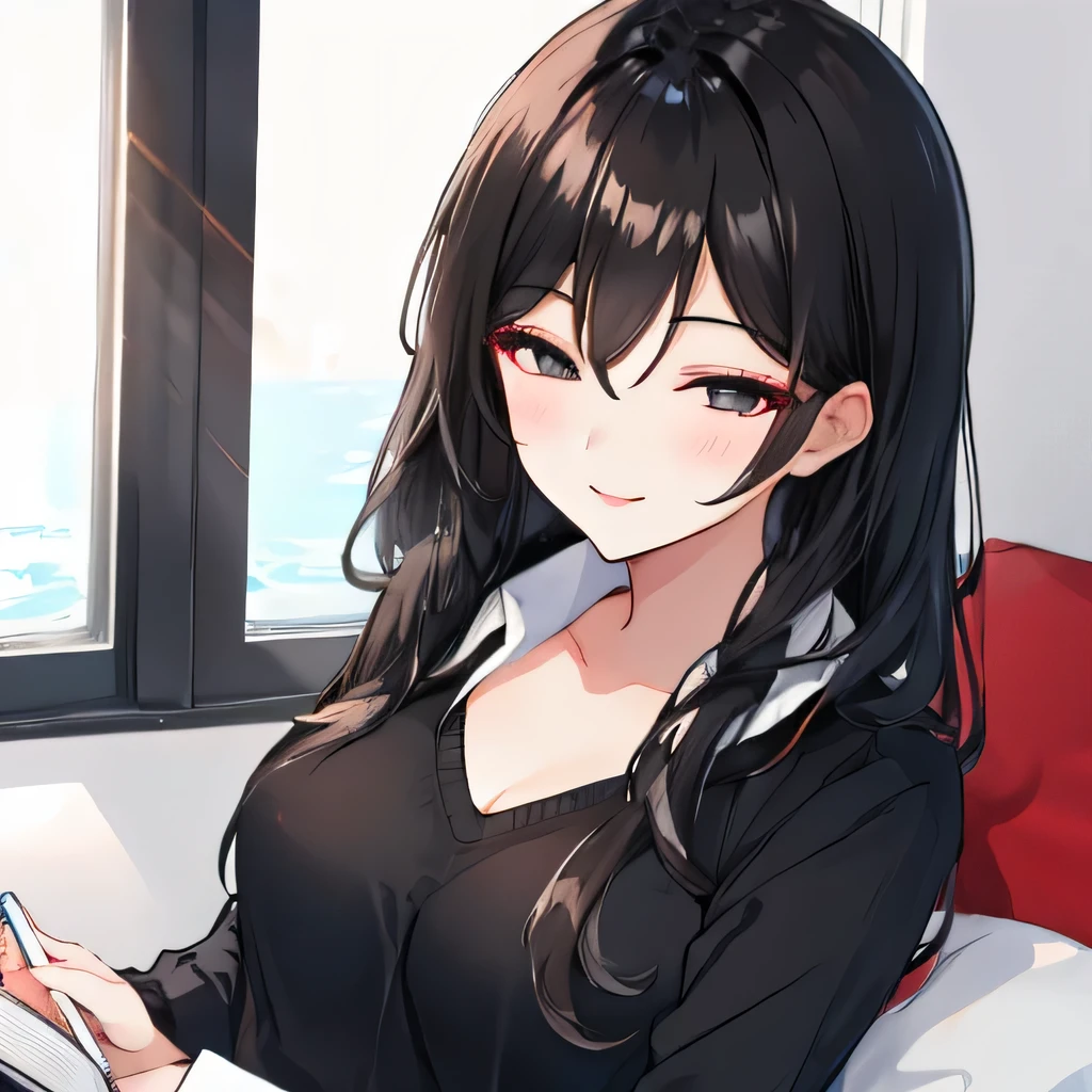 Anime girl sitting on a bed with a cell phone in her hand - SeaArt AI