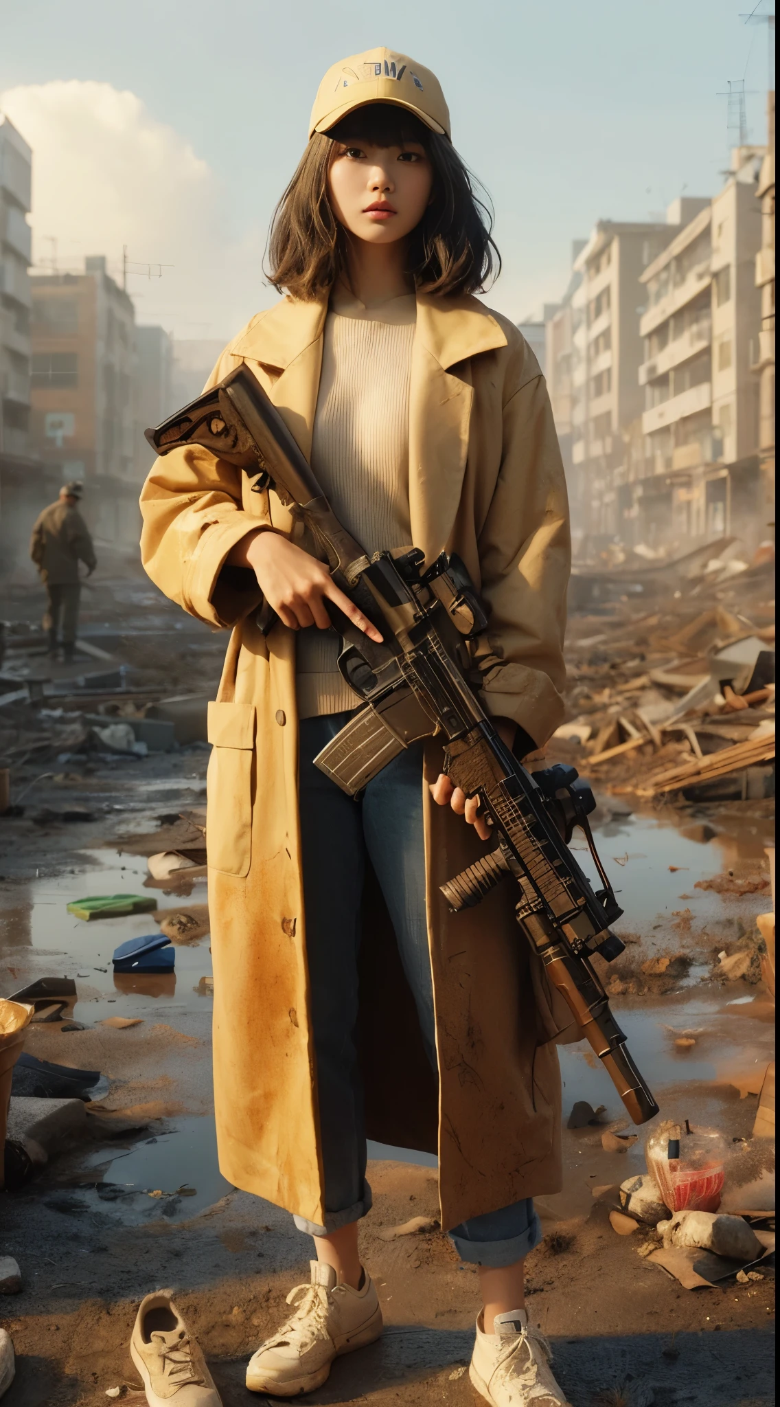"(best quality,8K,realistic photo,realistic skin texture),beautiful Japanese woman living in America,holding a Remington V3 Tac-13,dirty beige trench coat,Yankees navy baseball cap,dirty high-cut Nike sneakers,debris-strewn town,sunny day,detailed face with expressive eyes,cool action pose,stylish composition"