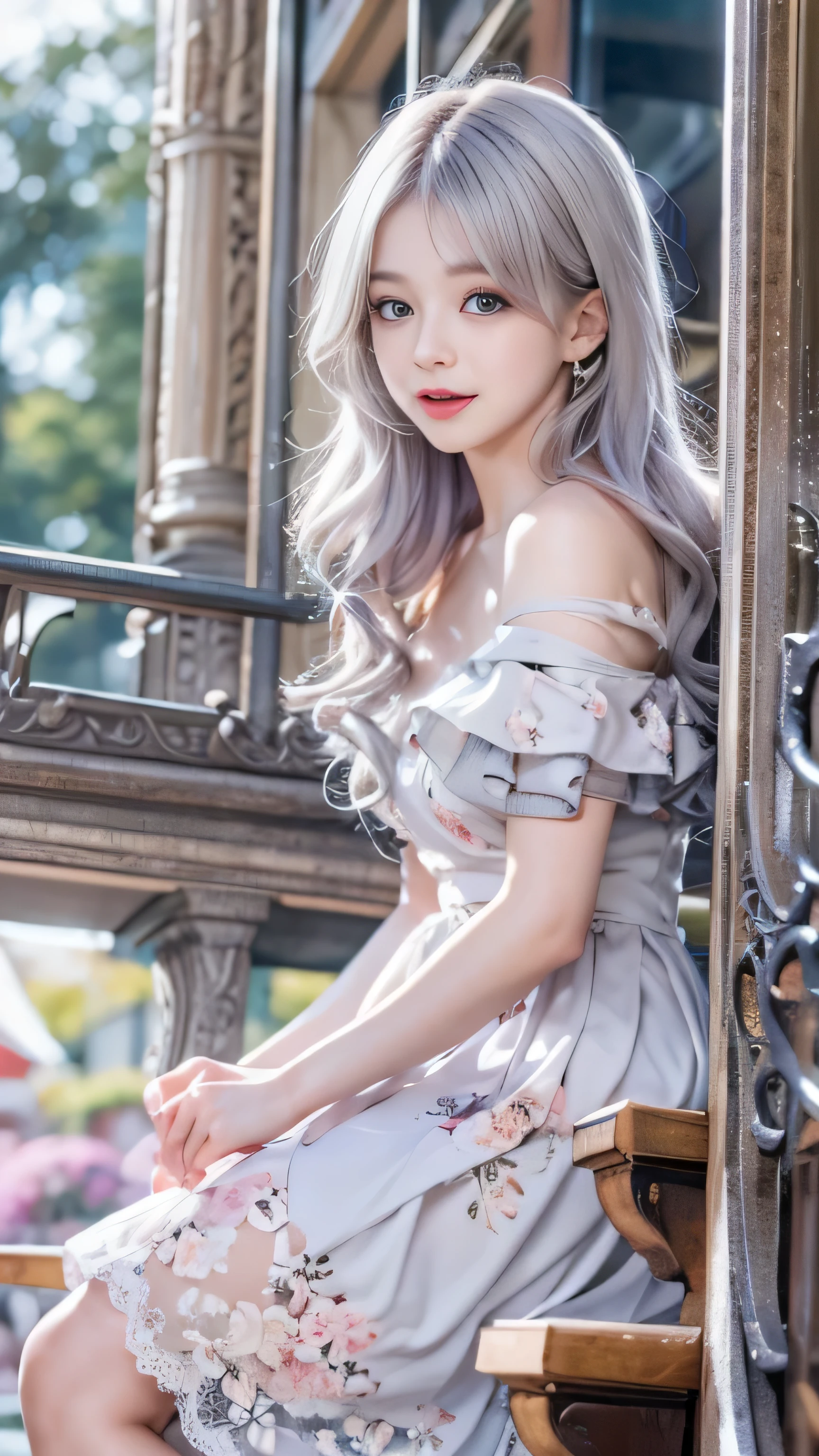 Portrait、bright look、young shiny glossy white shiny skin、best looks、ultimate beautiful girl、The most beautiful platinum blonde hair in the world、shiny bright hair,、Super long smooth straight hair、Shining beautiful Bangs、Sparkling crystal clear charming blue eyes、Very beautiful and lovely cute 16 year old girl、rich bust、((A girl standing in front of the theater stairs))、 silver hair, bangs, Dull bangs, long straight hair, aqua eye, long eyelashes, solid circle eye, compensate, open your mouth, blush, parted lips, bright pupils, smiley, enchanting smile, shine, surrealism, modern、black pantyhose、high heels4、((pure white dress、floral dress、、off shoulder、Upskirt: 1.6))、High-rise buildings are hazy in the windows、((My skirt flies up in the wind)),((Show me your white lace panties)),((Raise the hem of the skirt with your hands))