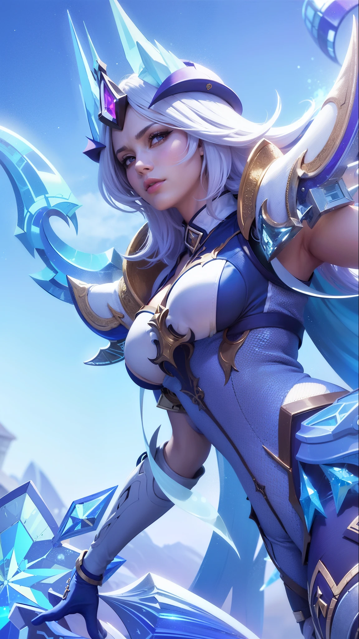 a woman in a blue outfit holding a sword and a sword, ashe, queen of ice and storm, ice sorceress, freezing blue skin, irelia, jaina proudmoore, extremely detailed artgerm, ig model | artgerm, seraphine ahri kda, mobile legends, crystalline skin, ice mage, splash art, 8k, ultra hd, ultra detailed texture, hyper realistic, masterpiece, detailed texture, detailed face, detailed skin, detailed lighting, (photorealistic:1.5), best quality, beautiful lighting, cinematic lighting, professional lighting, ultra highres, realistic, detailed hair, real hair, high quality, (realskin:1.5), extremely detailed, finely detail, ultra-detailed, glare, blue eyes