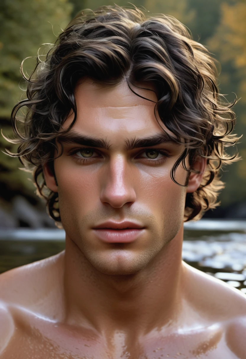 handsome young man looking down, bare torso, waist-length portrait, low camera angle, bottom view, bottom view, hands on either side of the photographer, deep shadows, dark (transparent) (moonlight: 1.3), award-winning POV , intricate, detailed , stunning, fine details, highly detailed person, sensual, evocative, extremely detailed eyes and face, piercing gaze, tousled hair, muscular body, perfect center, nikon d850 film, lens, porter 400 1.6, rich colors , ultra-realistic texture, spectacular, bright, popular at art stations: zinc up to 800 (facial transparency: 1.5), anatomical masterpiece, window light (sweaty skin texture, sweat) hair texture, wet hair (wet hair), hanging ), model style (extremely detailed CG Unity 8k wallpaper), trending on ArtStation, trending on CGSociety, Intricate, High Detail, Sharp focus, dramatic, photorealistic painting by Midjourney