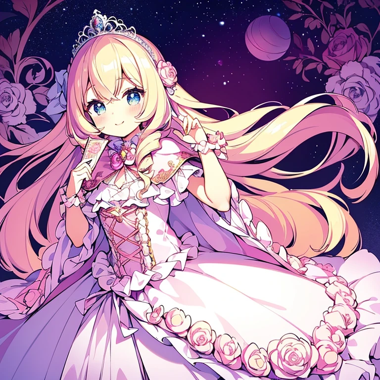 (kawaii),(best quality),(ultra detailed),(rococo style),(long train pastel pink cape:1.15), very long cape,(long train white ball gown with flower decorations:1.1), a girl is wearing a cape over her gown,(she has a western style fan:1.05), 1  princess, tiara, smile, very long hair, small breasts, beautiful detailed eyes, beautiful detailed lips