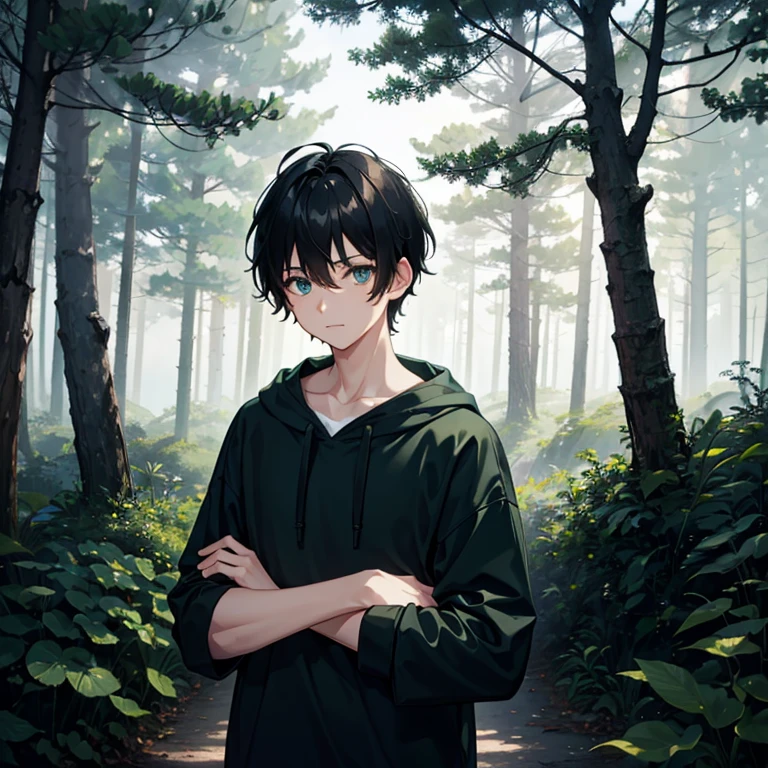 forest, daylight, looking at viewer, upper body, 1boy, black hair, short hair, male hair, aqua eyes, black and aqua hoodie, rolled-up sleeves