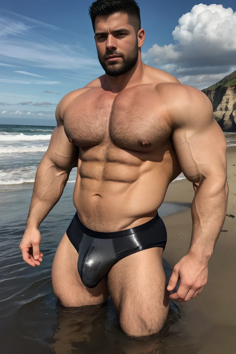 super wide angle,Medium shot of two handsome guys,plump breasts,swelling of chest muscles,Full chest muscles,swelling of chest muscles,sweating,Skin is moisturized and shiny,(face slimming),short hair,beard,Sexy and charming expression,gloomy eyes,blue eyes,Naughty and cool,Handsome and cool guy, (topless), ultra thin pantyhose,Big bag highlights,(Full chest muscles),(breast muscle swelling),Chest and belly hair,topless,Skin is smooth and hydrated,fiery, super sexy, Behind him is the sea, standing on a sandy beach by the ocean,There are flying fish and dolphins in the water,of a topless, member, very sexy,Blue sky and white clouds, member, Looks hot, intense smoldering, Attractive and good looking, 30 years old, attractive man, sexy masculine, 8k realistic, Super detailed photos, Bulger j8,Perfect hand details,Perfect facial details