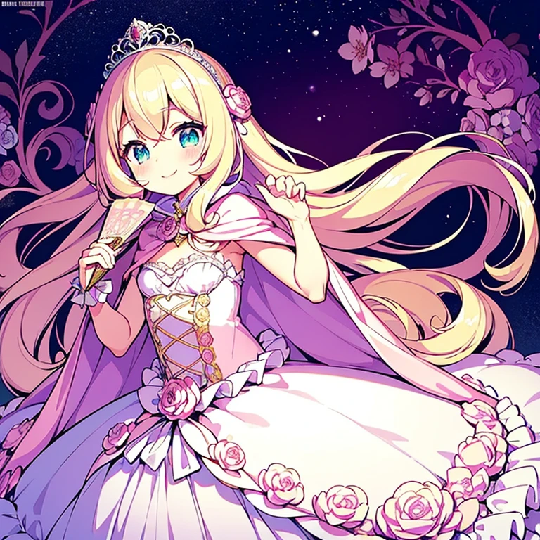 (kawaii),(best quality),(ultra detailed),(rococo style),(long train pastel pink cape:1.15), very long cape,(long train white ball gown with flower decorations:1.1), a girl is wearing a cape over her gown,(she has a western style fan:1.05), 1 little princess, tiara, smile, very long hair, small breasts, beautiful detailed eyes, beautiful detailed lips