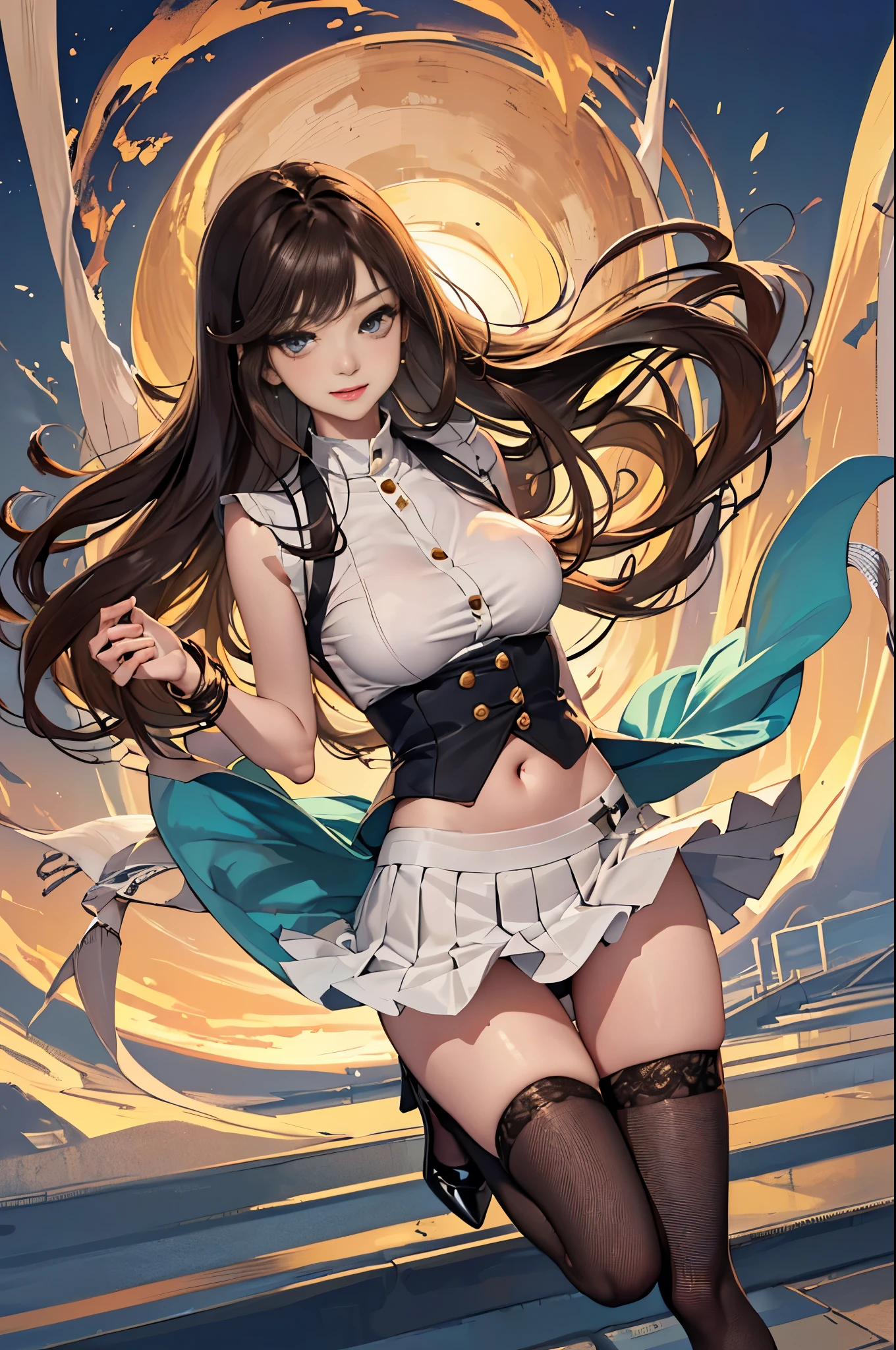 (Surreal)、(lamplight)、(A high resolution)、(8K)、(The content is very detailed)、(Best Best Illustration)、(beautidful eyes)、(quality)、(ultra - detailed)、(tmasterpiece)、(wall-)、(A detailed的the face)、solo、1 girl in、looking at viewert、Fine and detailed、A detailed的the face、In the darkness of the night、Depth shadows、low pitch、purebred face_v1、A smile、long、Black shawl straight hair、46 points oblique bangs,female student、(Brightly colored mini skirt,What about the lattice)、A smile, actual, realistically, hight contrast, photon maping, Authentic images, super detailing, low angles: 1.5, 1 girl, Alone: 1.5, pop star, Kaibo idol, dress up like k-pop, sexy for, Open your legs forward, Fancy makeup, blazer jacket: 1.3, short skirt: 1.3,, high-heels, M-shaped open legs: 1.3, Open your legs 180 degrees, with an open crotch: 1.3, long brown hair, wet white: 1.5, You can see it from under the skirt: 1.3, Height 170 cm,ctextured skin