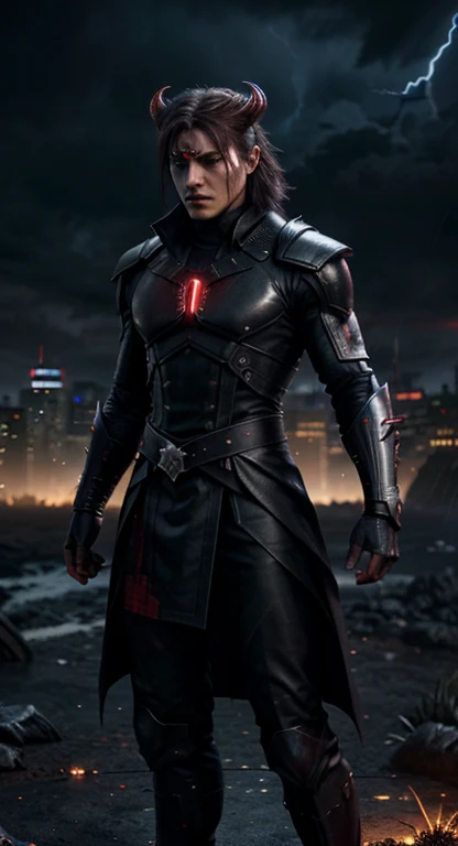 powerfull (demonic creature:1.2), red tech googles, demon mask, androgynous male, strong pose, tech heavy armor, Raiden, metal gear style, lightning effects, thunder effects, dark sky raining, god of thunder, dark hair, infernal city background, tall structures, infernal towers background, dark red colors, apocalyptical, far distance, full body, perfect detailed face, detailed symmetric circular iris, realistic, stunning realistic photograph, 3d render, octane render, intricately detailed, cinematic, Isometric, dark fantasy theme, mystical, Dark theme, underworld theme, deviant art masterpiece, white skin, crimson eyes, dark tattoos, colour grading, dark illustration, extreme quality, extremely detailed, ultra-detailed face, ultra hd 8k, dark lightning, concept art, hyperdetailed, intricately detailed gothic art, triadic colours, fantastical, intricate detail, splash screen, complementary colours, fantasy concept art, 8k resolution, soft lighting, film photography, film grain, hyperrealist