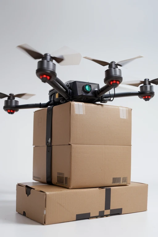 Create a package delivery drone. It must transport both heavy and light materials and can be used for logistics purposes. It should be composed of components that are durable. The drone should be simple, realistic, modernm and minimal. Ensure it has camera and has no any feature that is extra. make it a prototype in a white background 