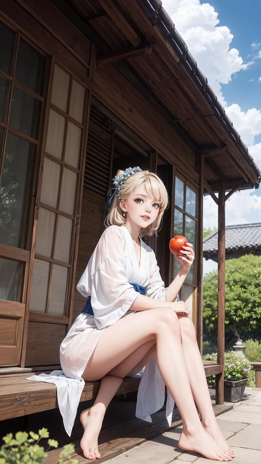 ((最high quality, 8K, masterpiece: 1.3, Ultra HD, high quality, 最high quality, High resolution, realism)) 、A 22-year-old extremely beautiful white woman、Her hair color is platinum blonde、blue eyeedium hair、straight hair、The hair is shiny、The skin is lustrous、smile、Slender but well-proportioned muscular body、Athlete-like body type、I don't want my head to disappear from the screen.、Wearing accessories on your wrist、Wearing red nail polish、I have a peticure、Sitting on the veranda of a Japanese house in the Japanese countryside、It's summer、A wind chime is hung in front of the eaves.、barefoot、There is a basket full of tomatoes and carrots on the veranda.、The basket is made of woven bamboo strips、A courtyard spreads out in front of the verandah.、There is a well with a hand pump in the courtyard.、wear a yukata、The blue sky is beautiful、Cumulus clouds appear、summer sunshine、anatomically correct((anatomically correct))、Ultra high definition((UHD))、textured skin((textured skin))、very detailed((super detail))、high detail((high details))、smile showing teeth((grin))