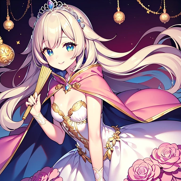 (kawaii),(best quality),(ultra detailed),(rococo style),(long train pastel pink cape:1.15), very long cape,(long train white ball gown with flower decorations:1.1), a girl is wearing a cape over her gown,(she has a western style fan:1.05), 1 little princess, tiara, smile, very long hair, small breasts, beautiful detailed eyes, beautiful detailed lips
